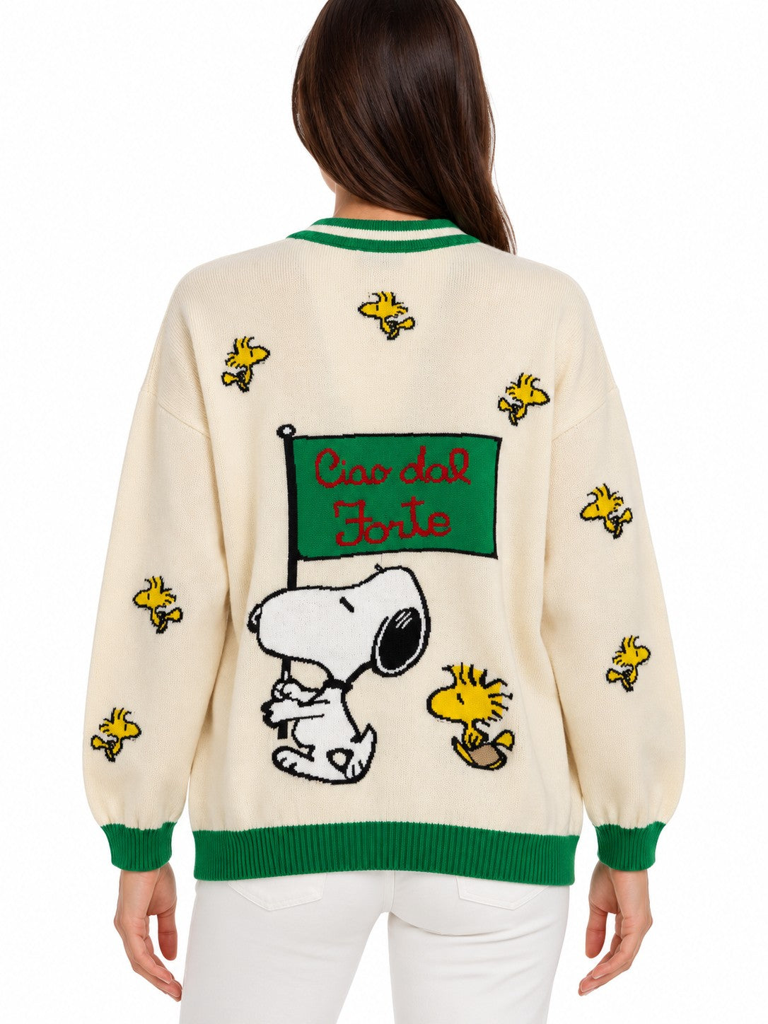 Cardigan Snoopy in Cotone panna/verde