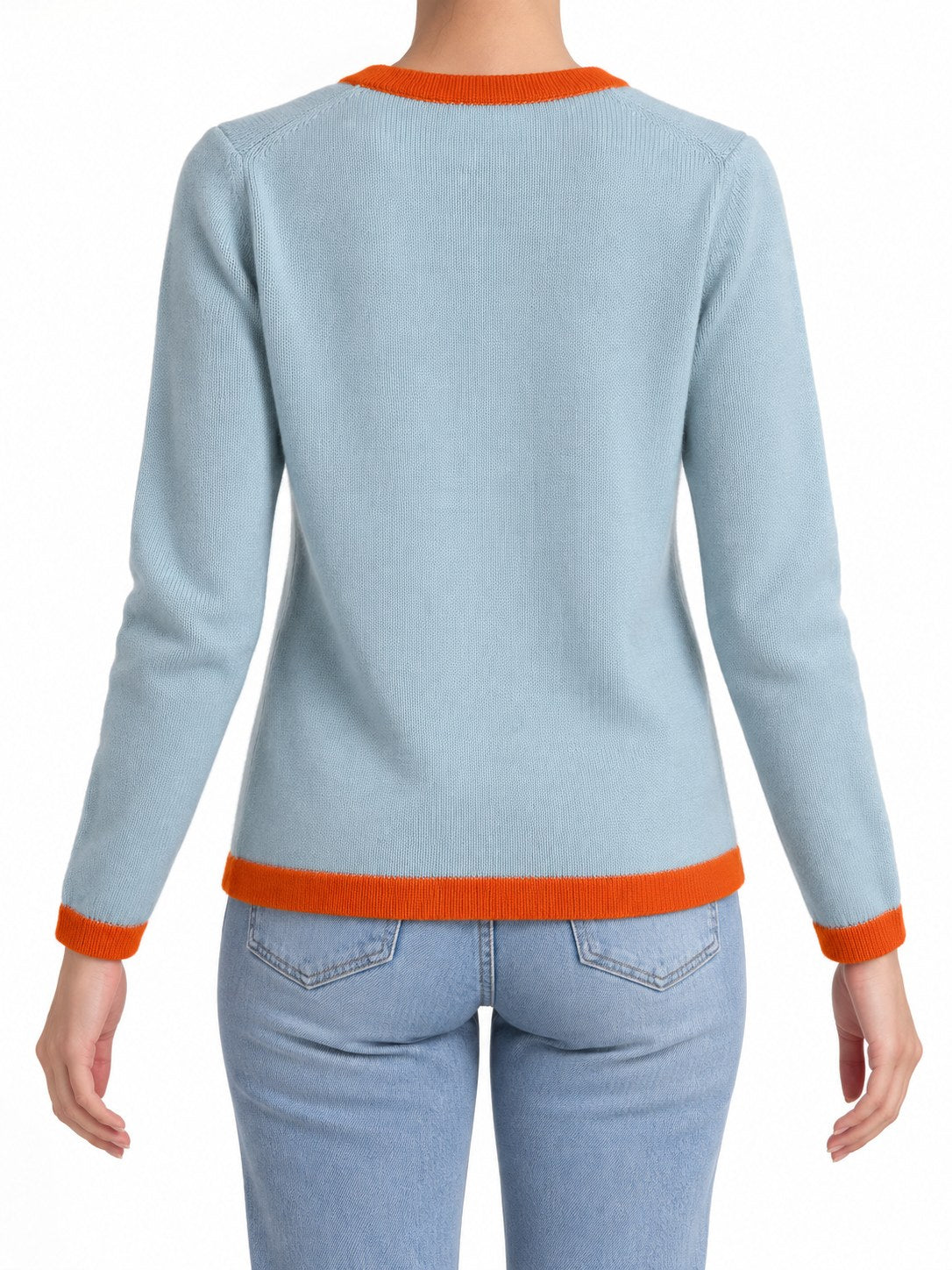 Cardigan con profili a contrasto azzurro/arancio — indossato, retro