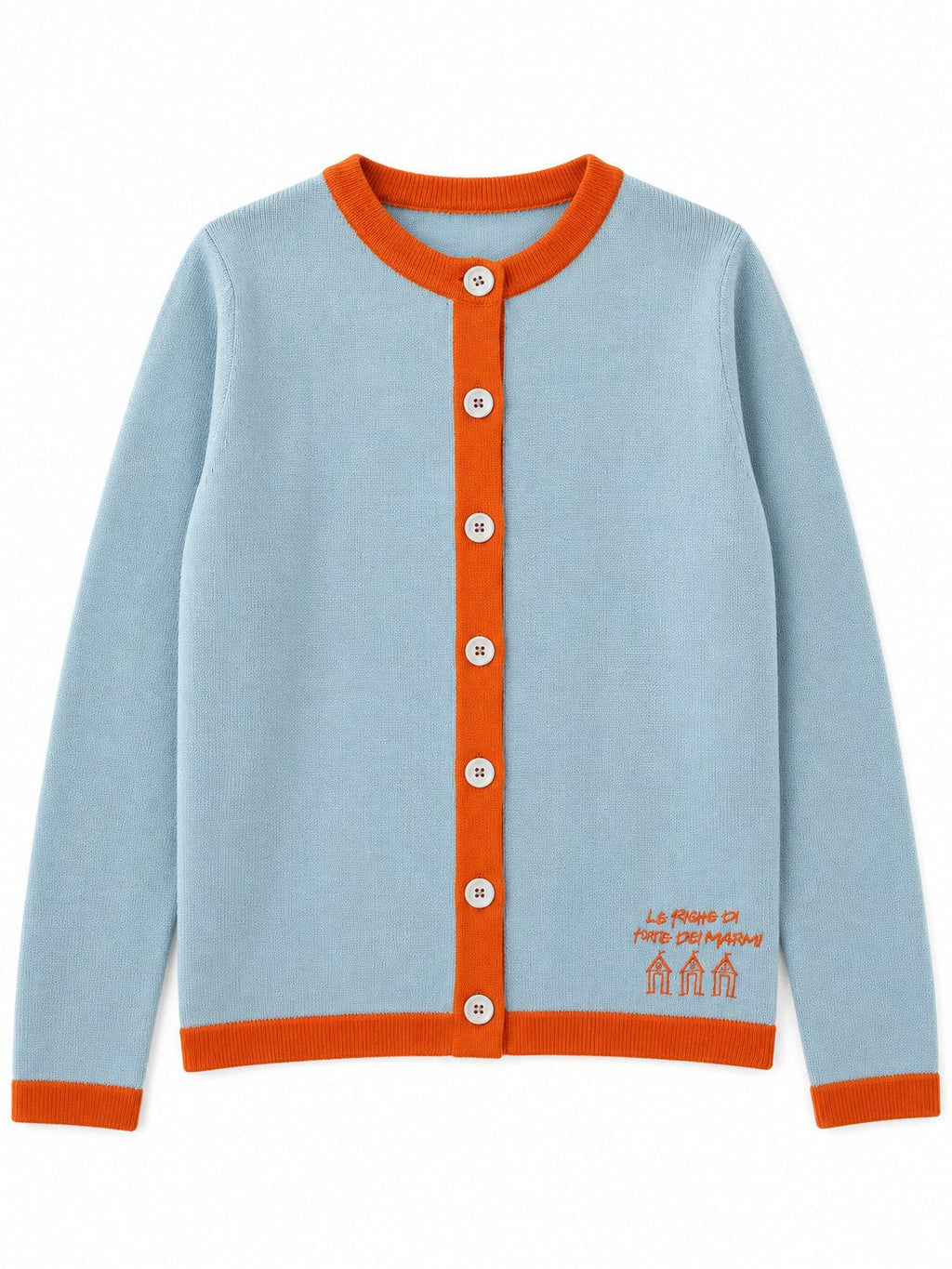 Cardigan con profili a contrasto azzurro/arancio — davanti