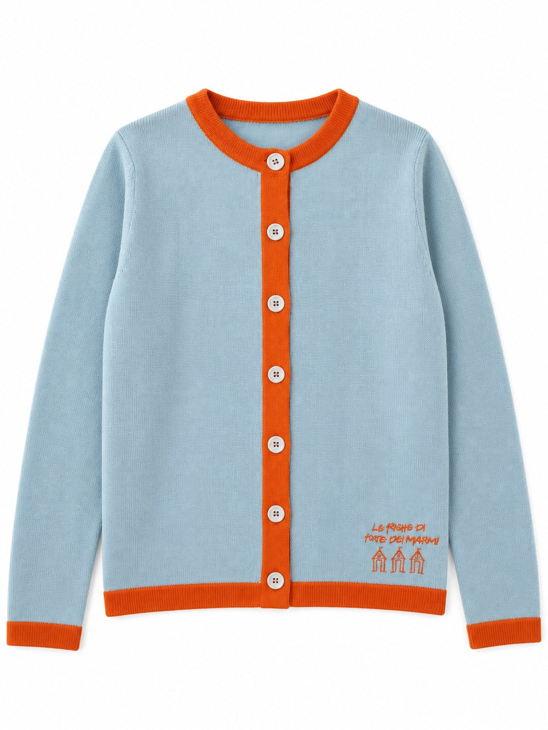 Cardigan con profili a contrasto azzurro/arancio — davanti