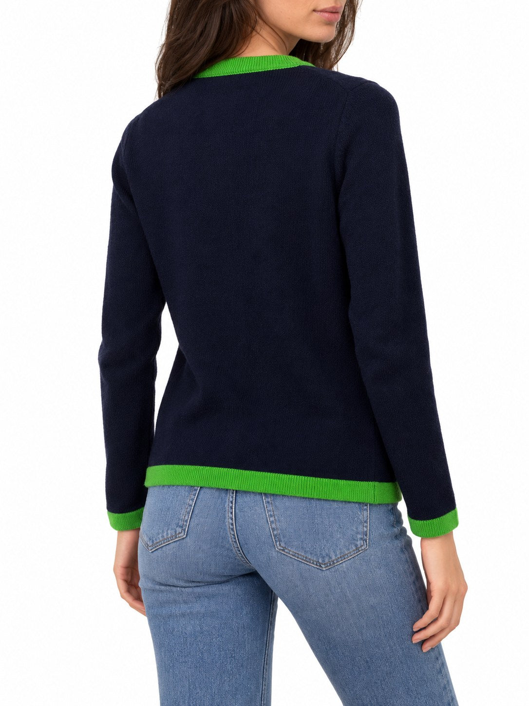 Cardigan con profili a contrasto blu navy/verde — indossato, retro