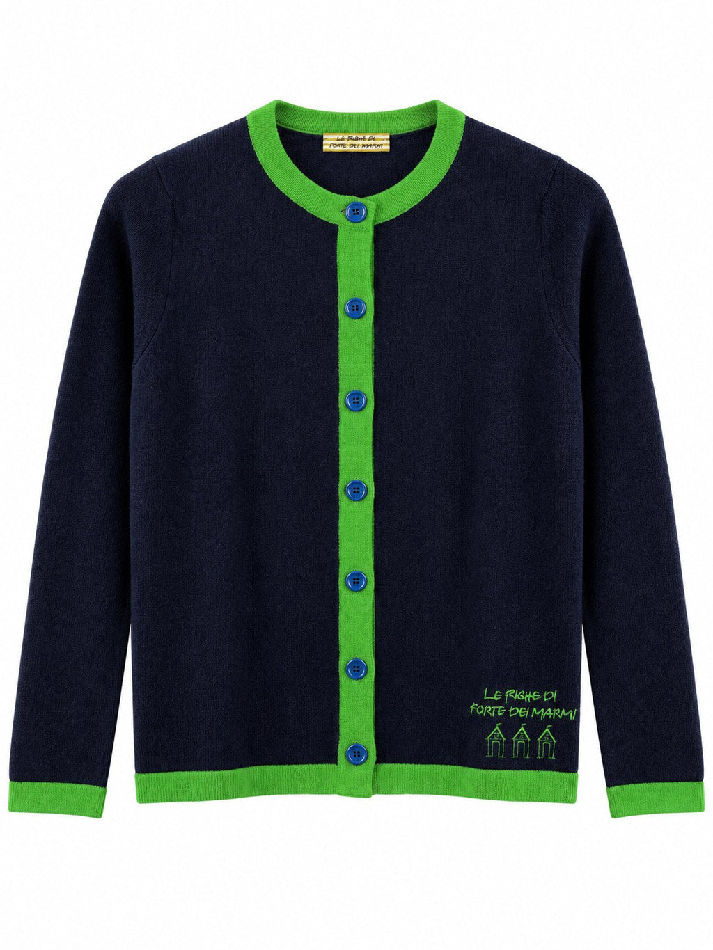 Cardigan con profili a contrasto blu navy/verde — davanti