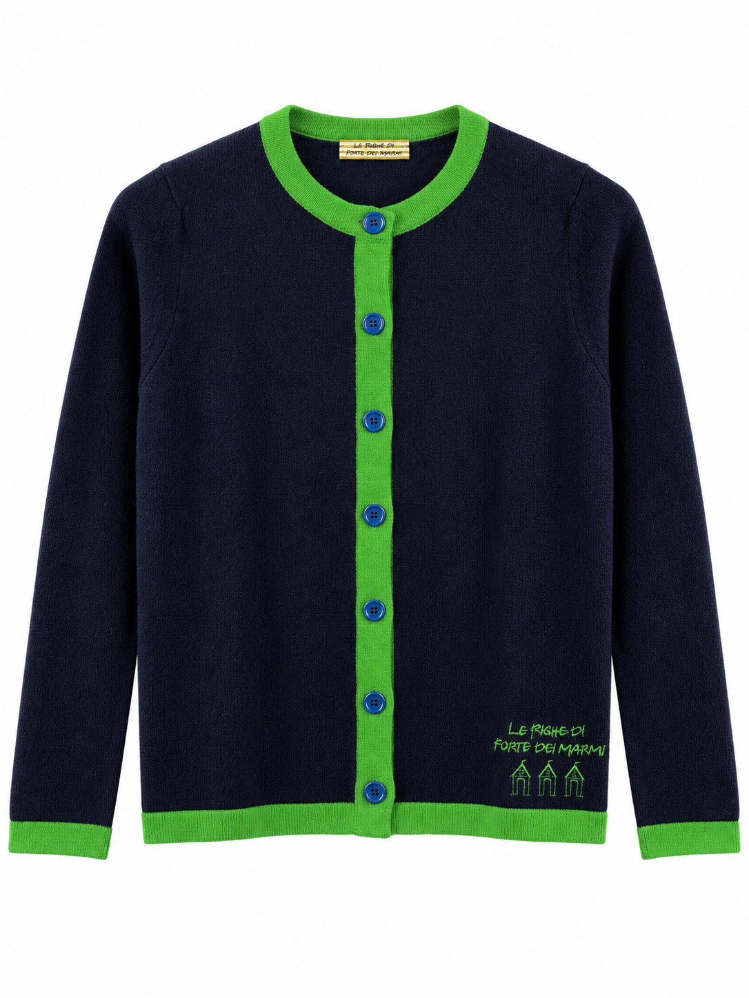Cardigan con profili a contrasto blu navy/verde — davanti