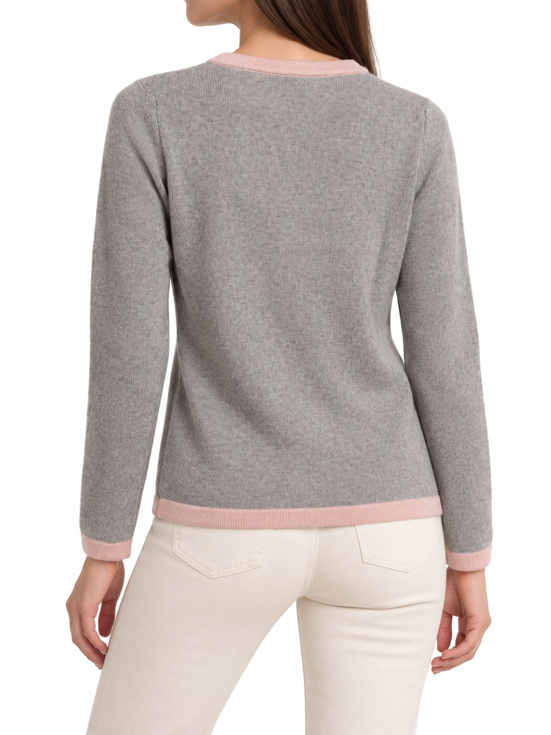 Cardigan con profili a contrasto grigio/rosa — indossato, retro