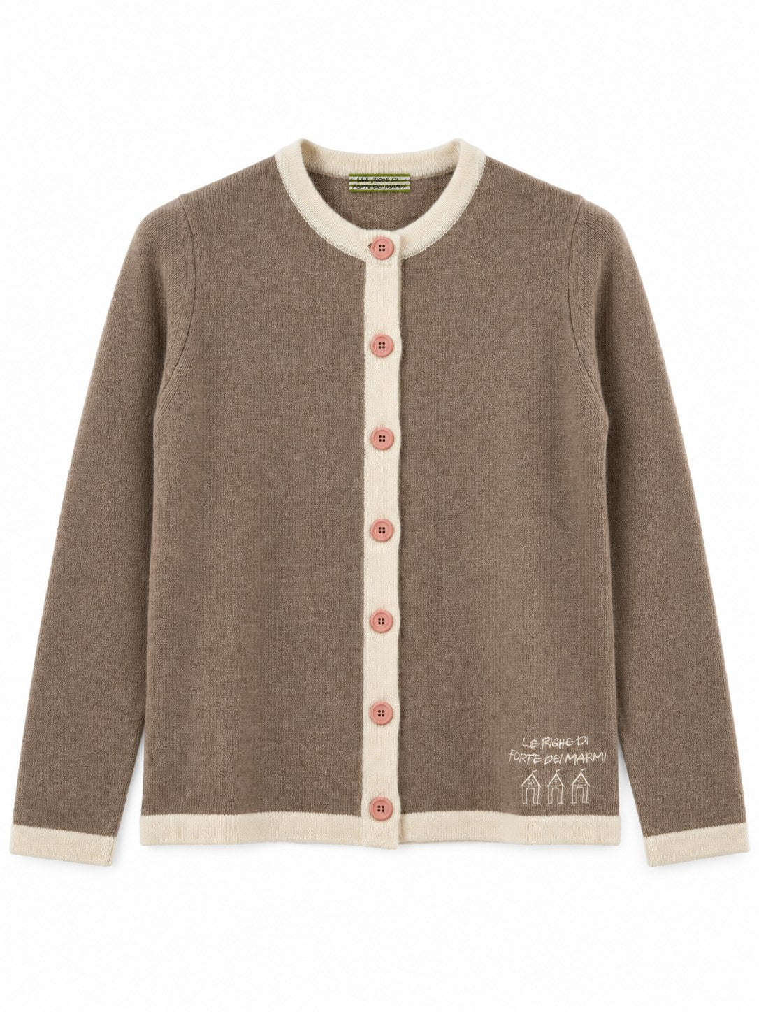 Cardigan con profili a contrasto marrone-tortora/panna — davanti