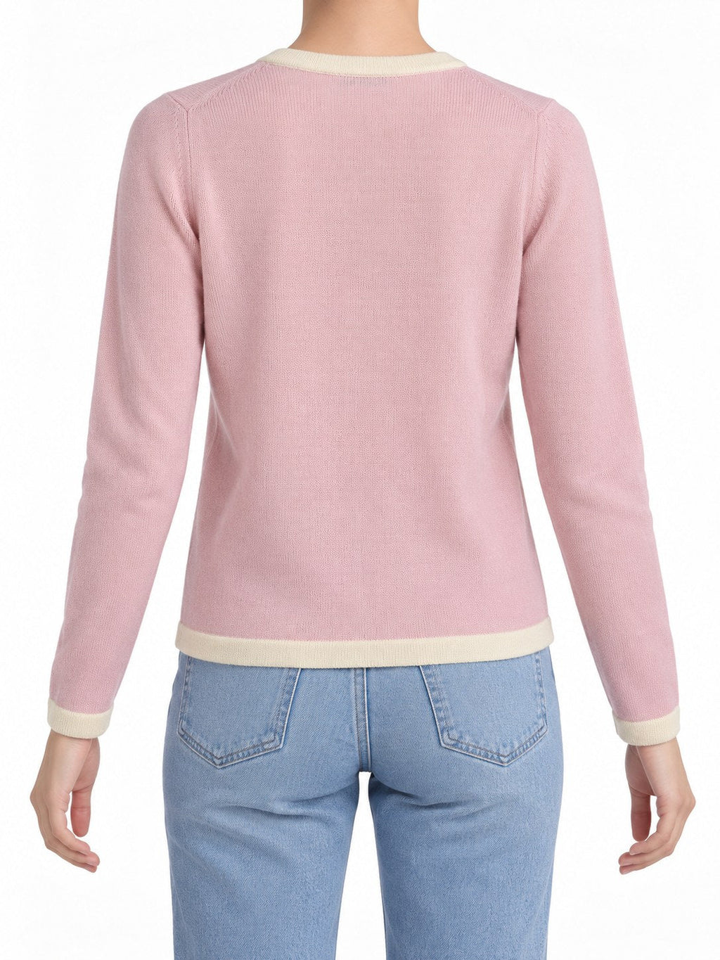 Cardigan con profili a contrasto rosa/panna — indossato, retro