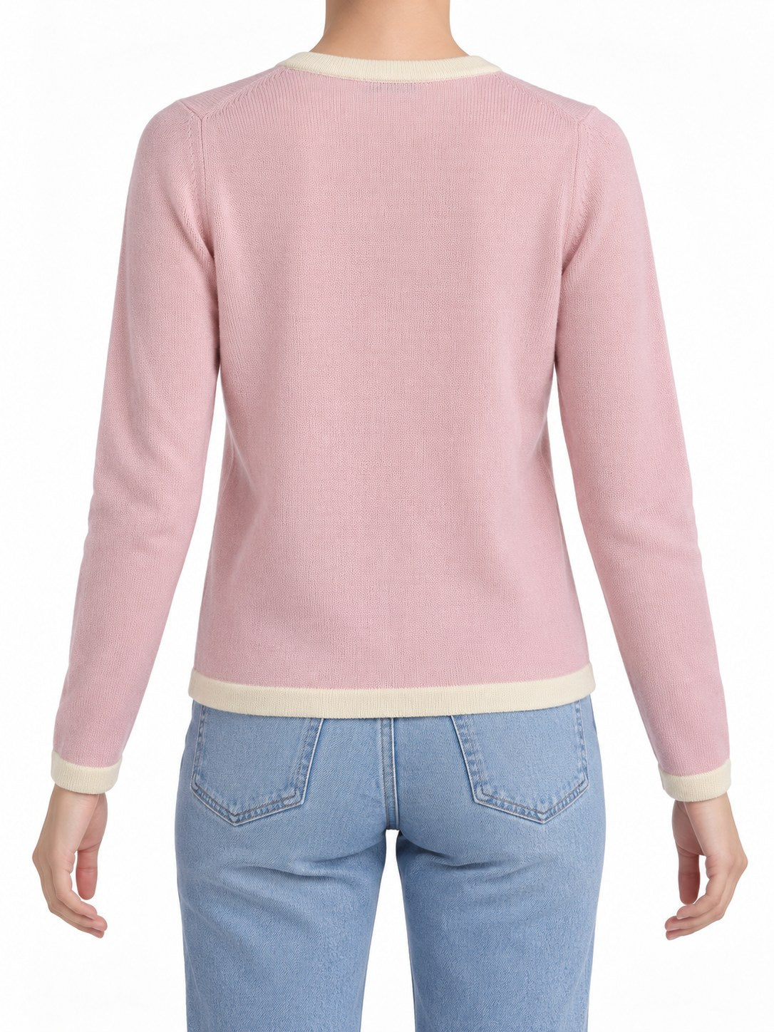 Cardigan con profili a contrasto rosa/panna — indossato, retro