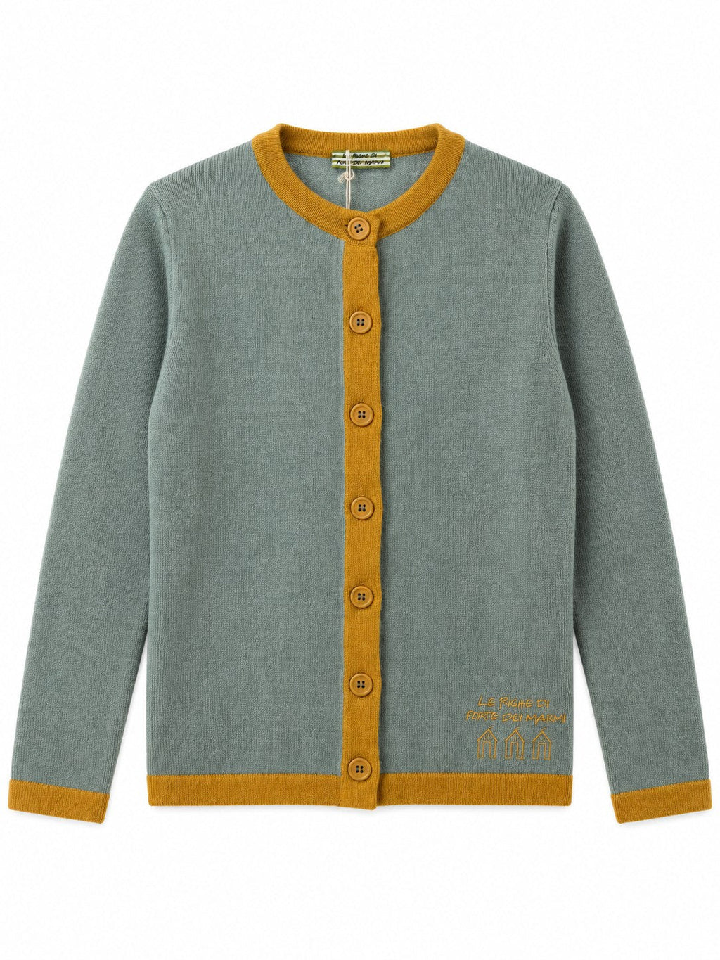 Cardigan con profili a contrasto verde salvia/senape — davanti
