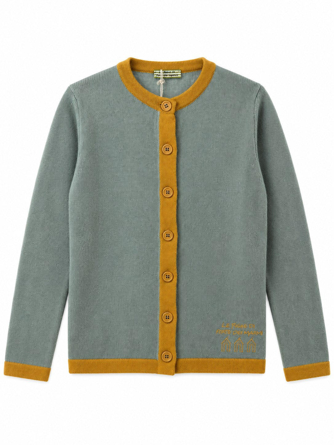 Cardigan con profili a contrasto verde salvia/senape — davanti