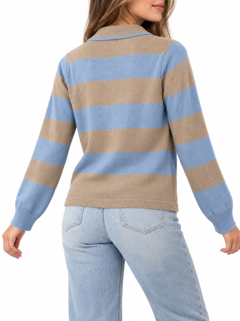 Cardigan Righe con colletto azzurro/tortora — indossato, retro
