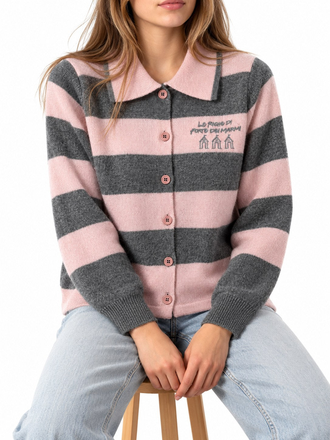 Cardigan Righe con colletto rosa/grigio — indossato, davanti