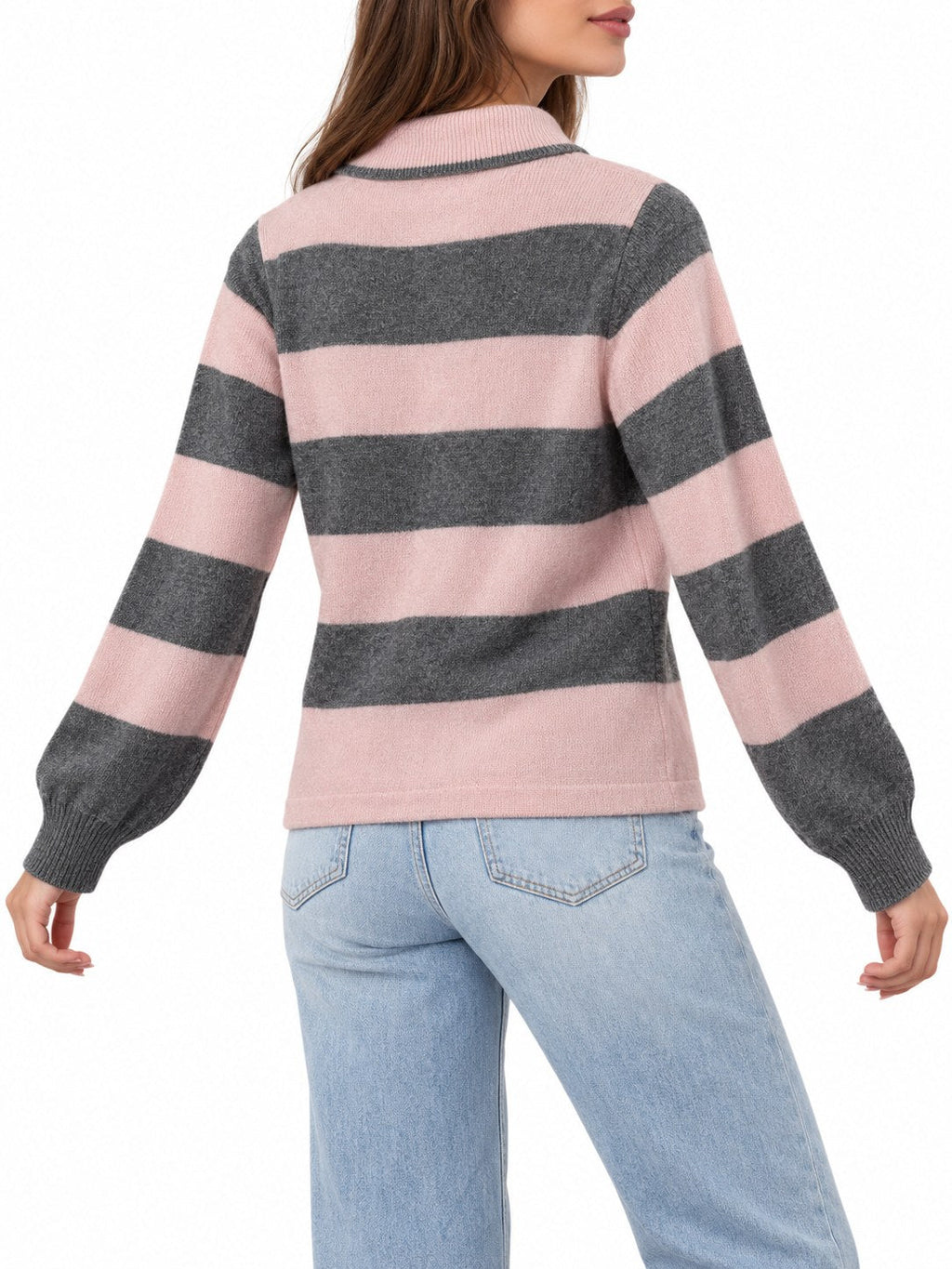 Cardigan Righe con colletto rosa/grigio — indossato, retro