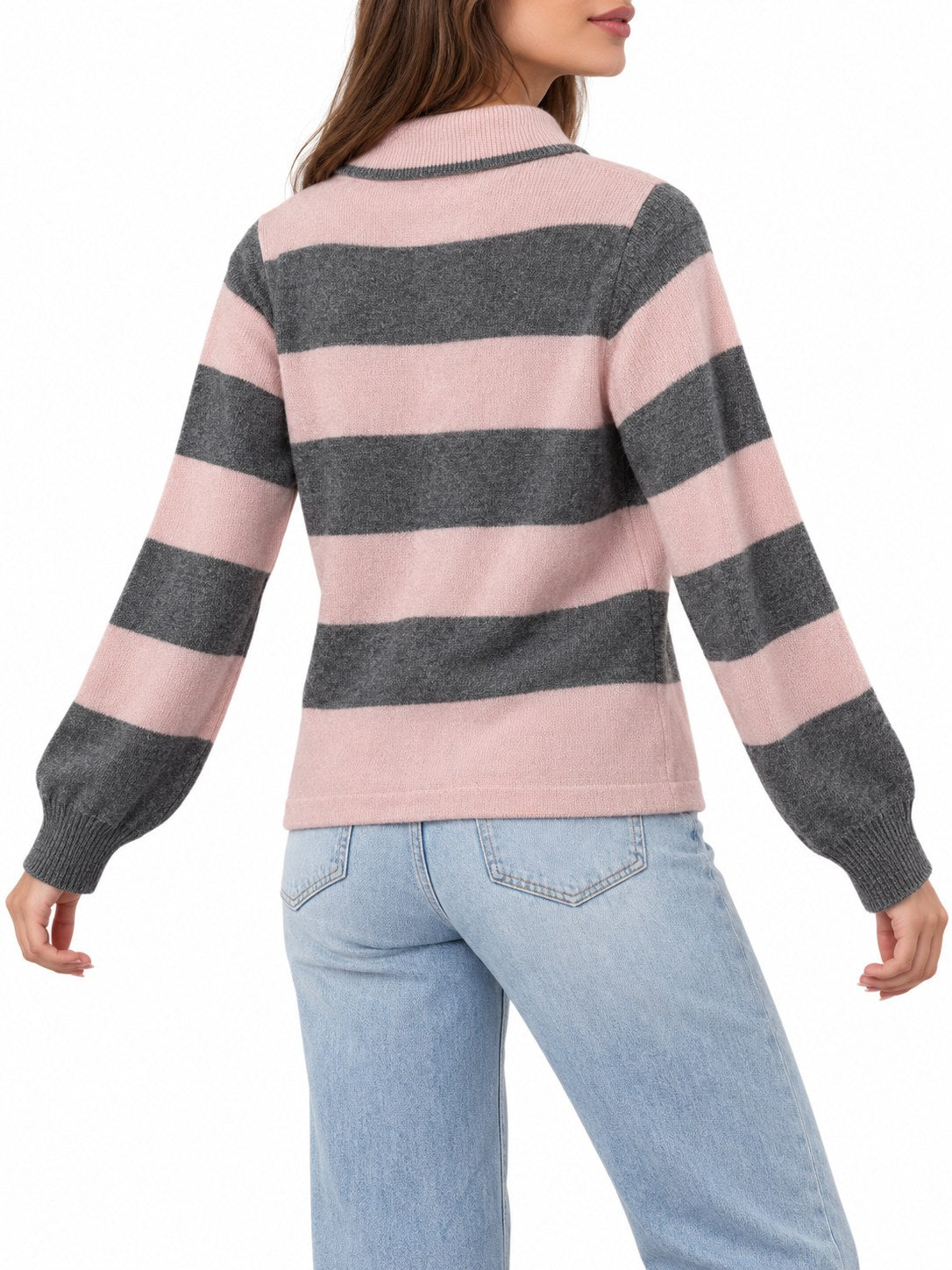 Cardigan Righe con colletto rosa/grigio — indossato, retro