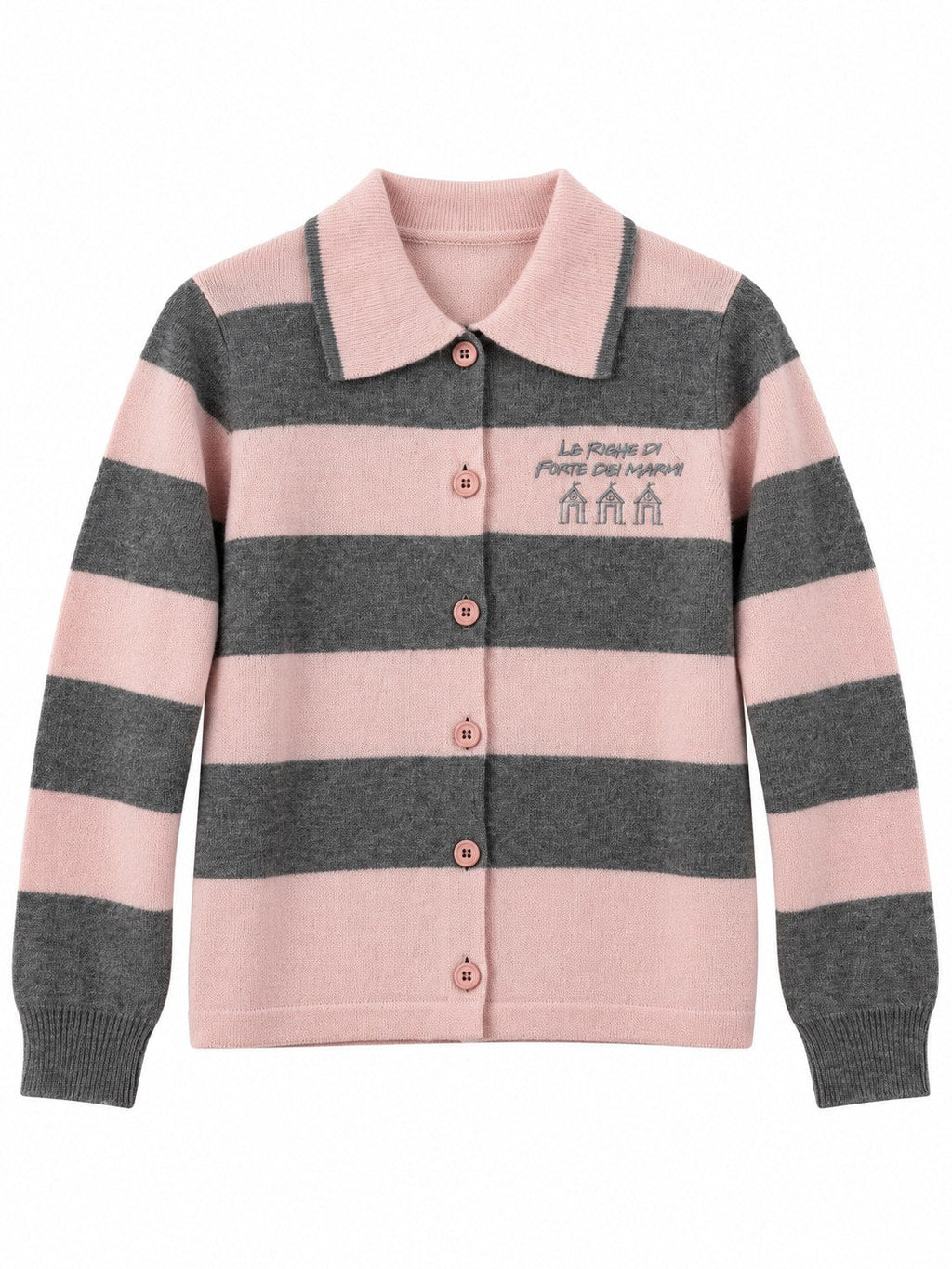 Cardigan Righe con colletto rosa/grigio — davanti