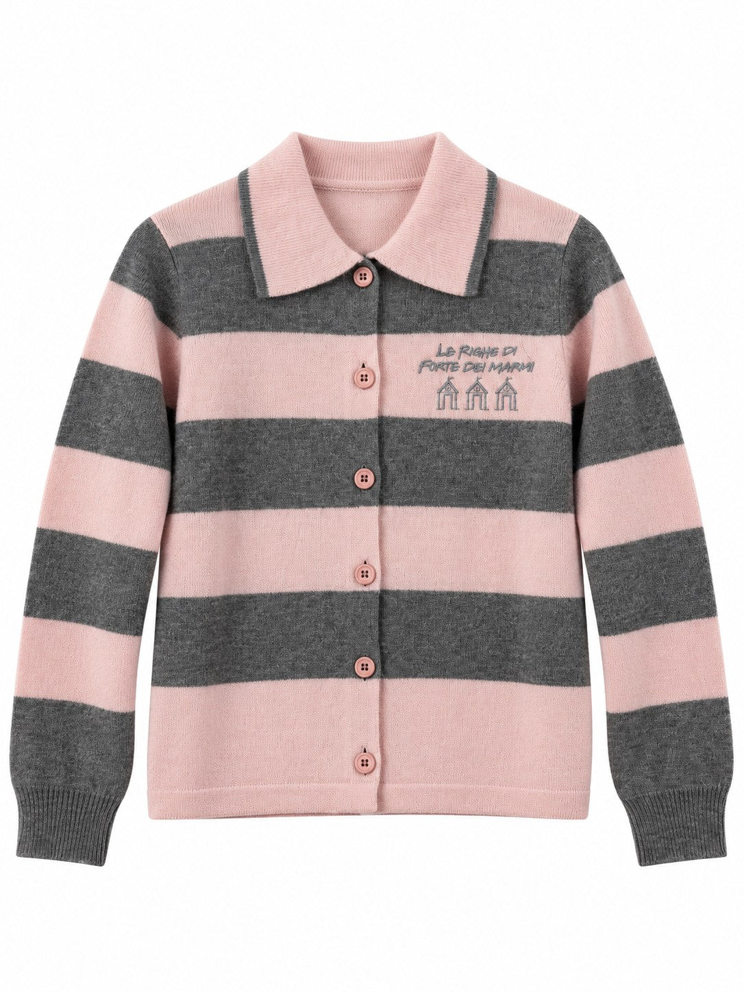 Cardigan Righe con colletto rosa/grigio — davanti