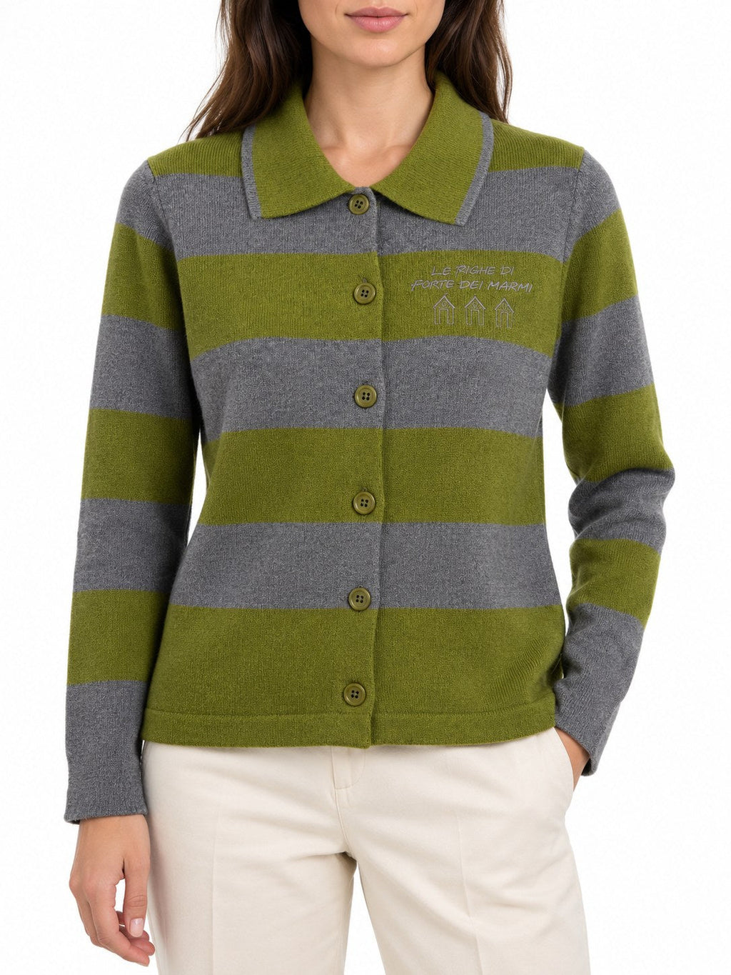 Cardigan Righe con colletto verde/grigio — indossato, davanti