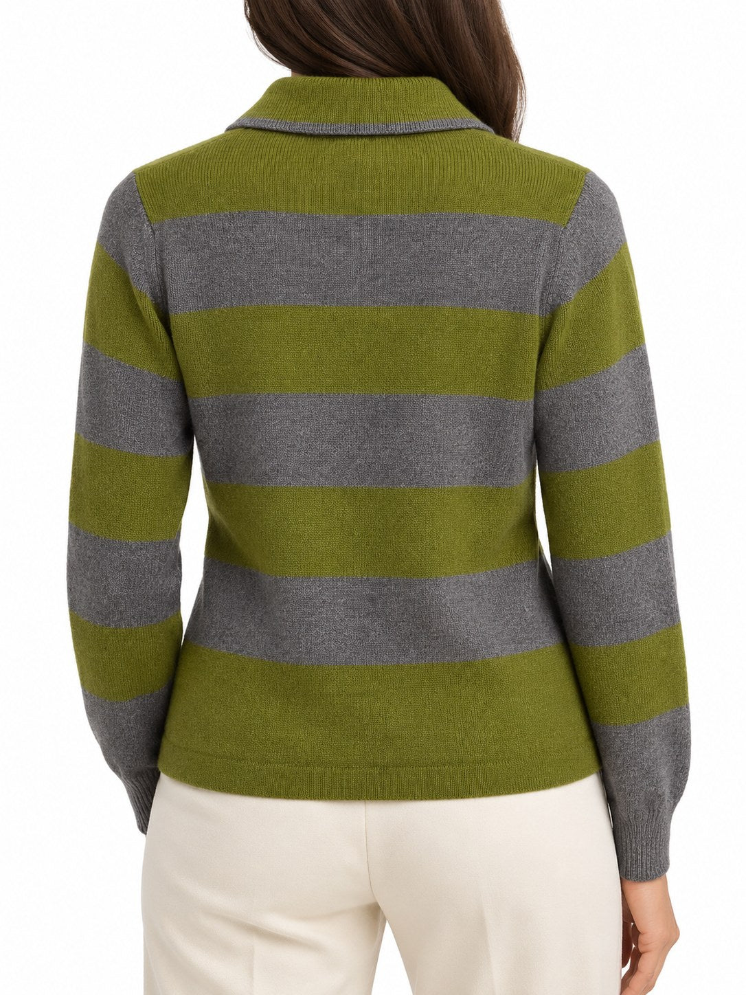 Cardigan Righe con colletto verde/grigio — indossato, retro