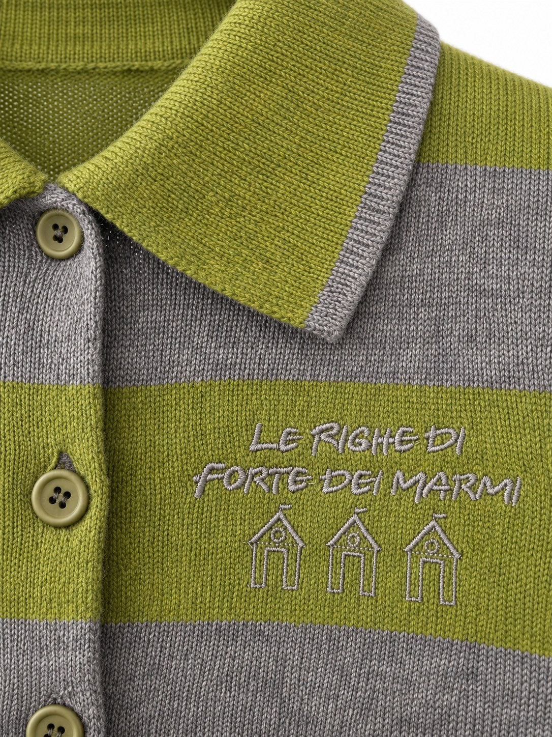 Cardigan Righe con colletto verde/grigio — dettaglio del filato