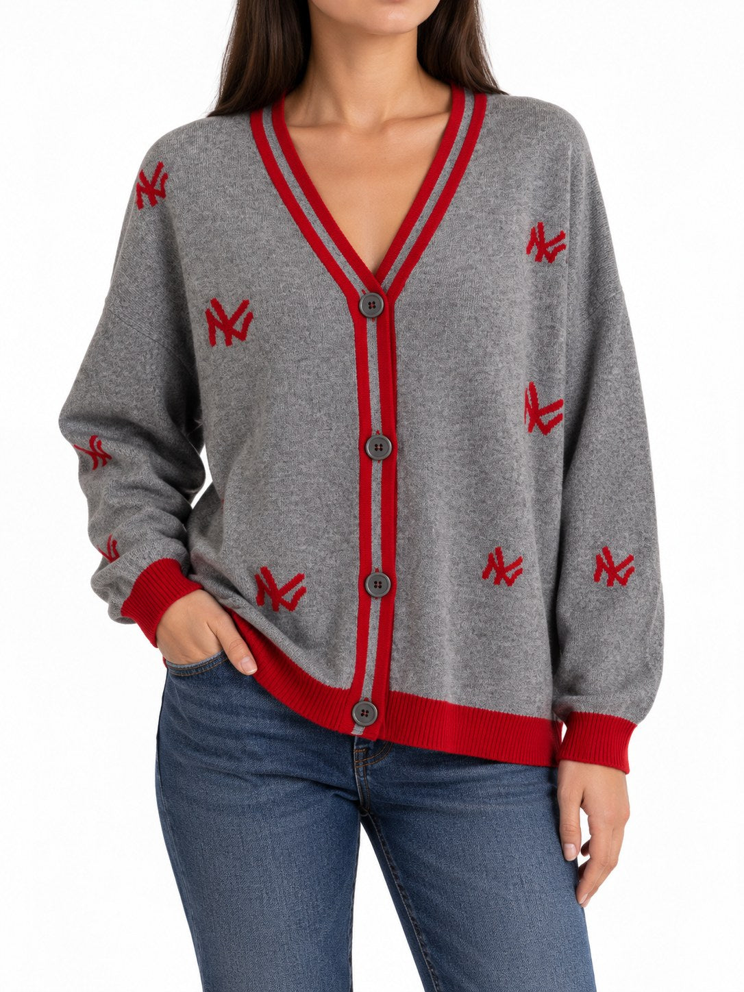 Cardigan Snoopy in Lana e Cachemire grigio, dettagli rossi