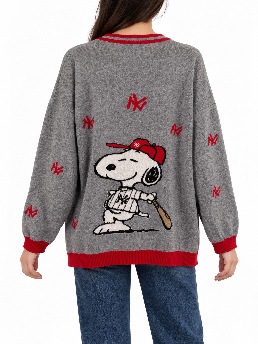 Cardigan Snoopy in Lana e Cachemire grigio, dettagli rossi