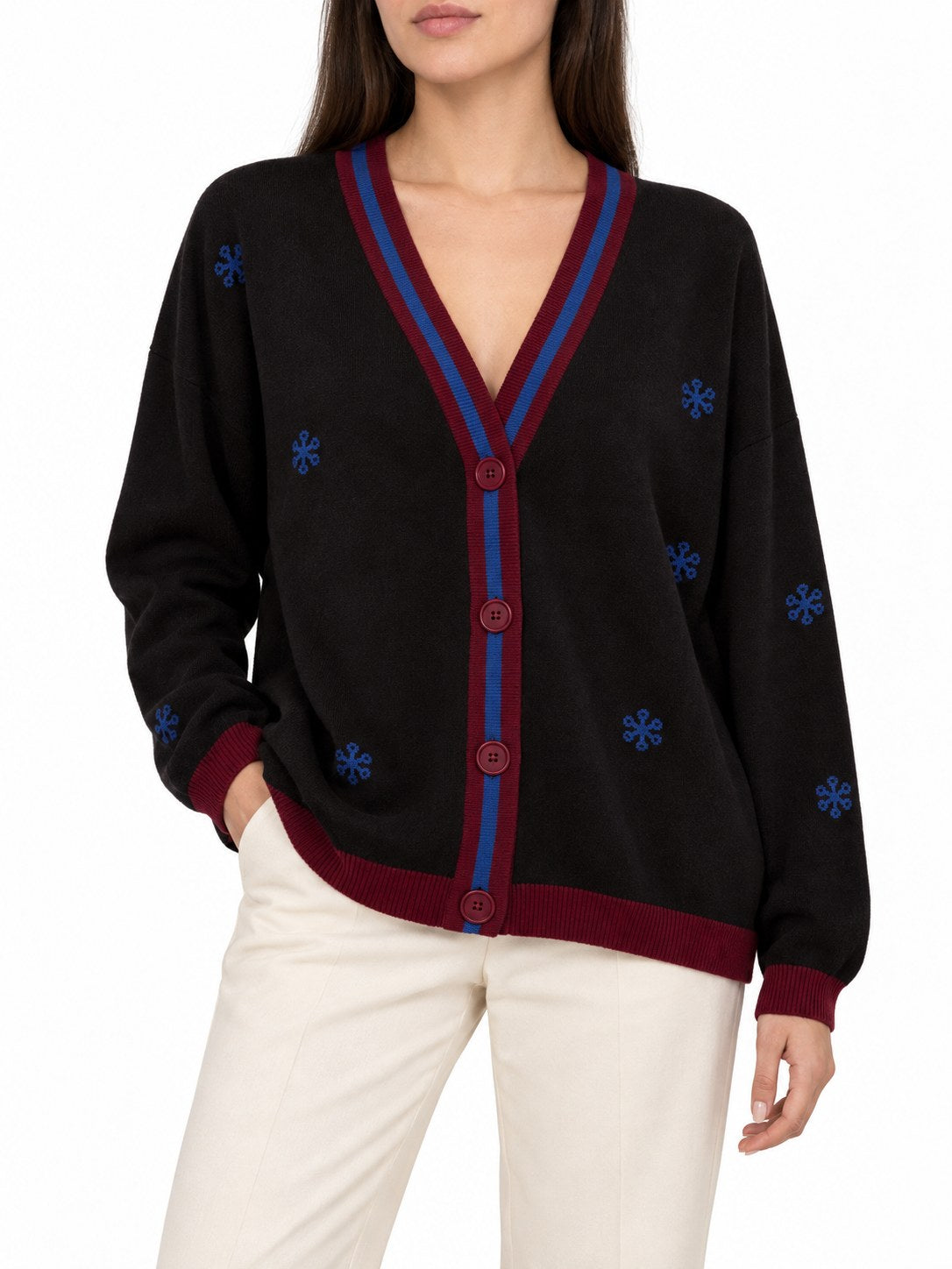Cardigan Snoopy in Lana e Cachemire marrone, dettagli bordeaux/blu