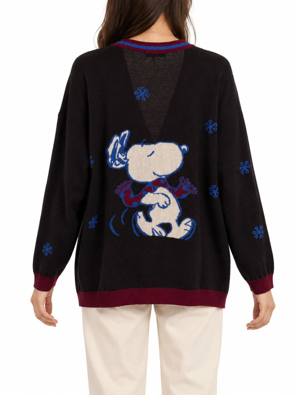 Cardigan Snoopy in Lana e Cachemire marrone, dettagli bordeaux/blu