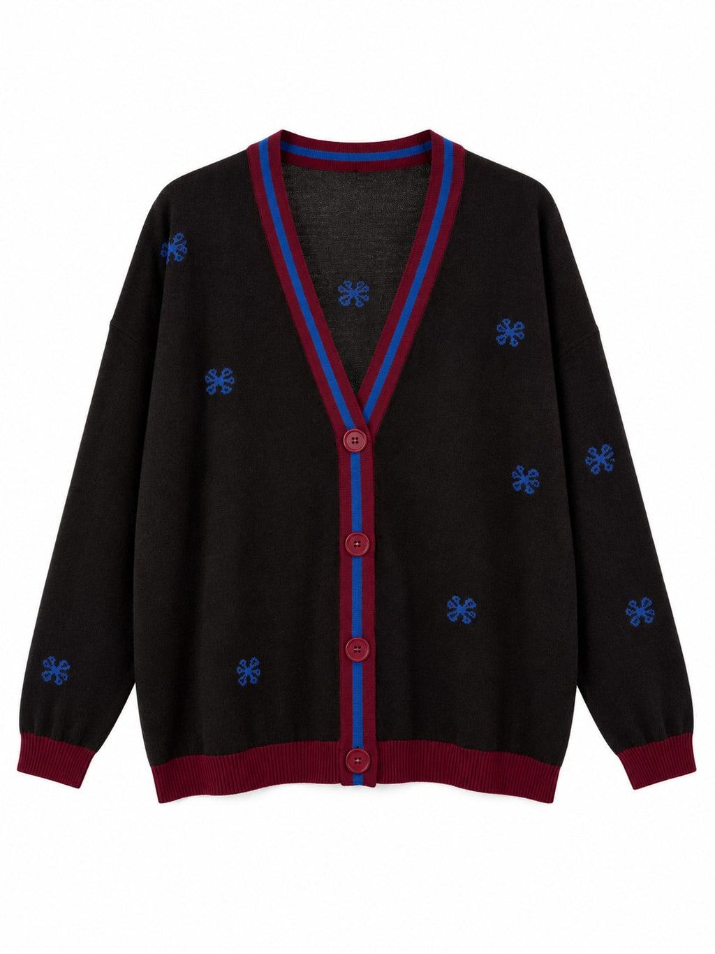 Cardigan Snoopy in Lana e Cachemire marrone, dettagli bordeaux/blu