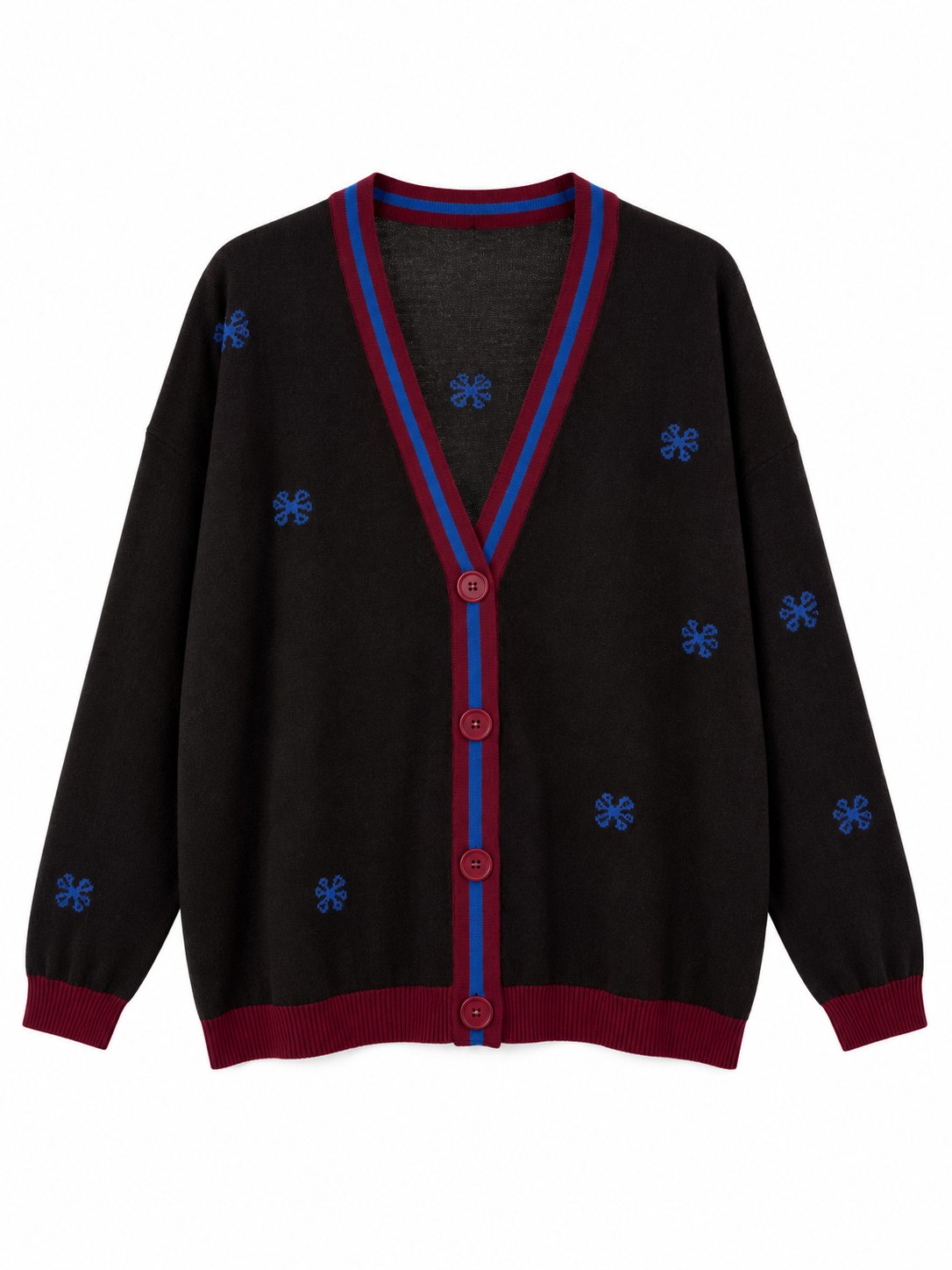 Cardigan Snoopy in Lana e Cachemire marrone, dettagli bordeaux/blu