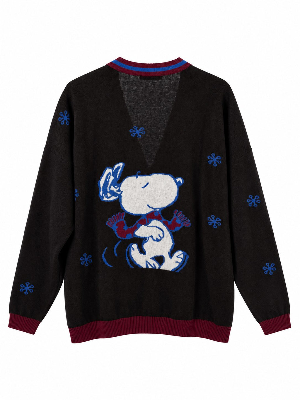 Cardigan Snoopy in Lana e Cachemire marrone, dettagli bordeaux/blu