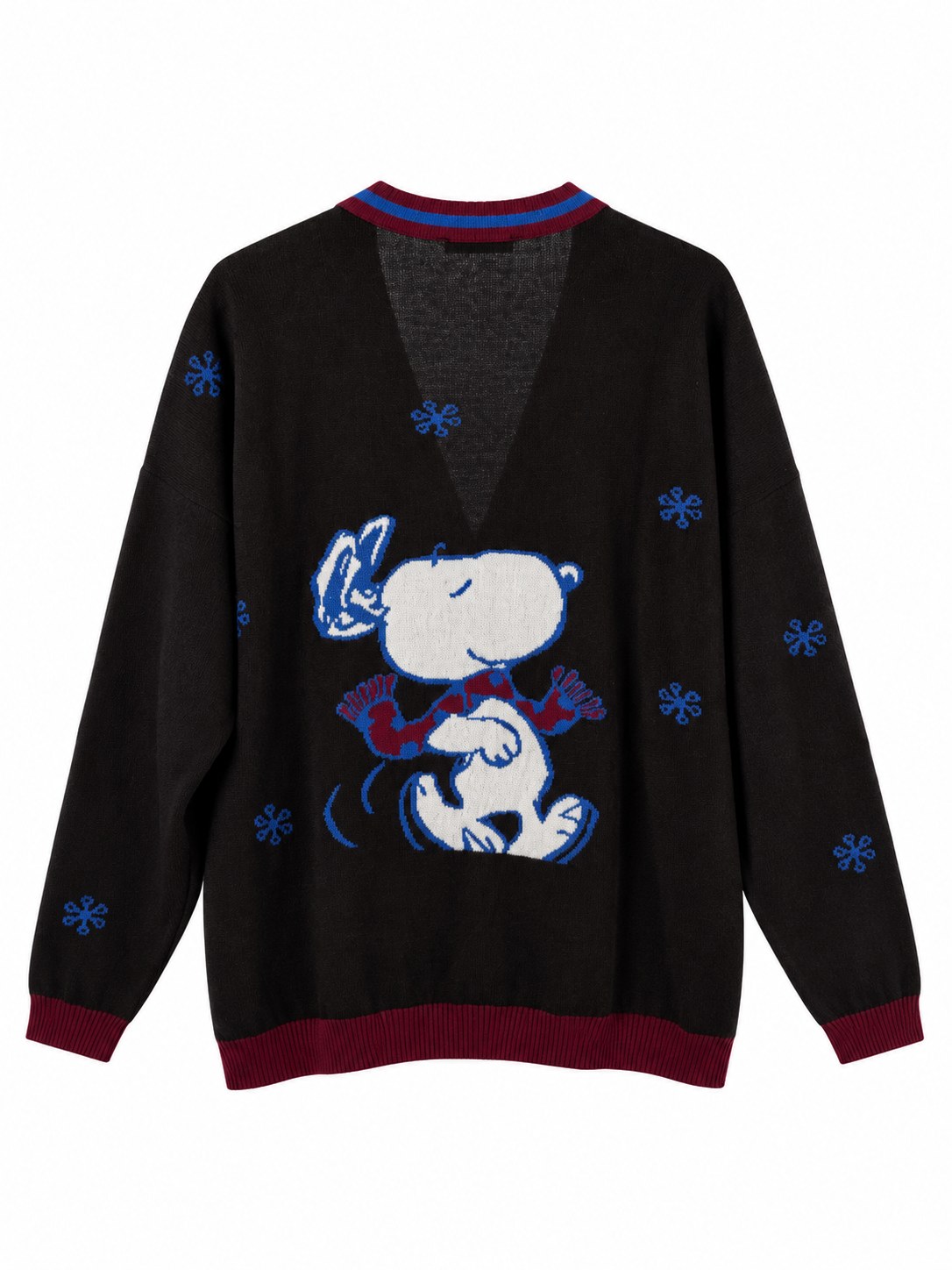 Cardigan Snoopy in Lana e Cachemire marrone, dettagli bordeaux/blu
