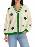 Cardigan Snoopy in Lana e Cachemire panna, dettagli verdi/rosa