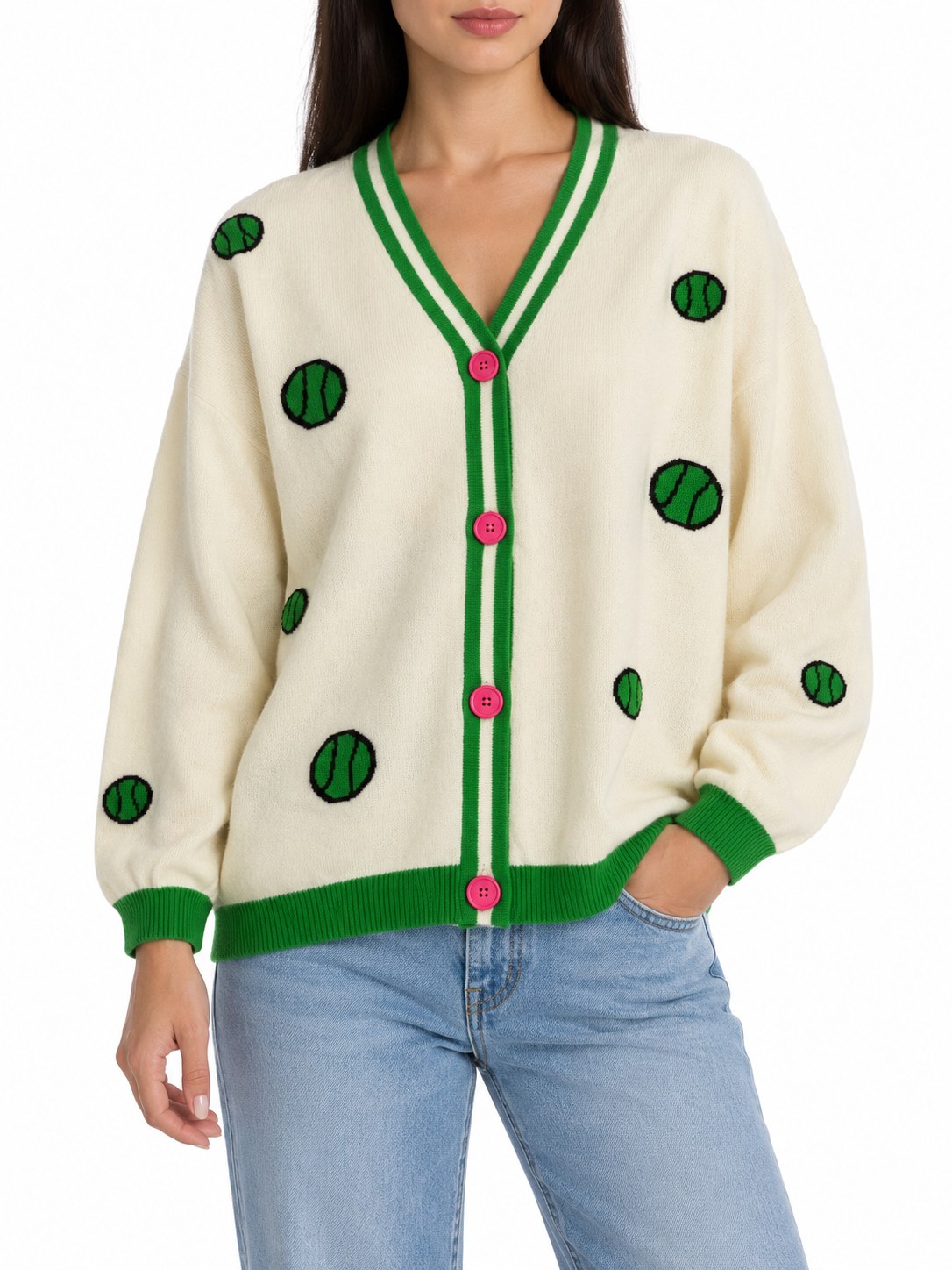 Cardigan Snoopy in Lana e Cachemire panna, dettagli verdi/rosa