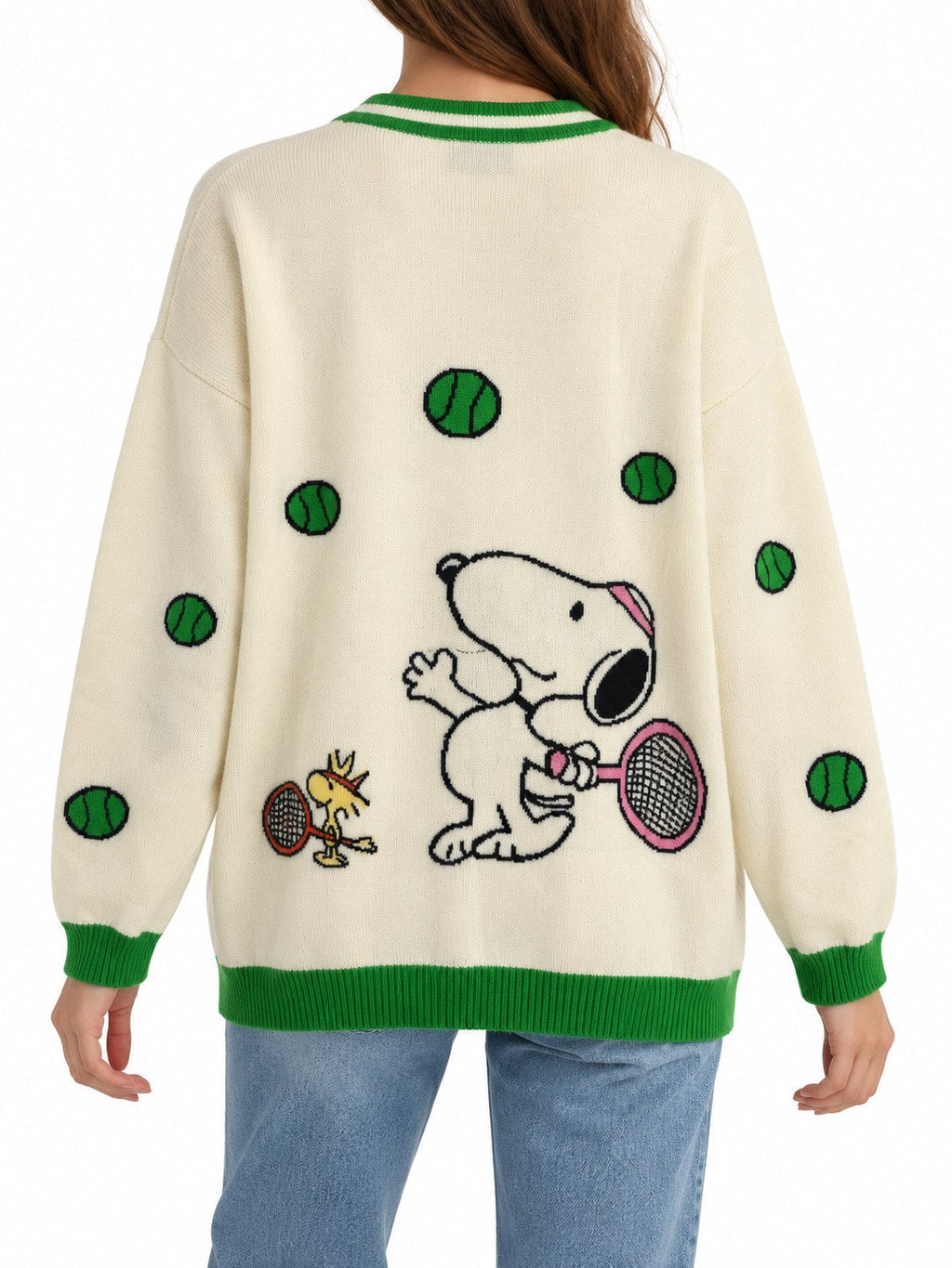 Cardigan Snoopy in Lana e Cachemire panna, dettagli verdi/rosa