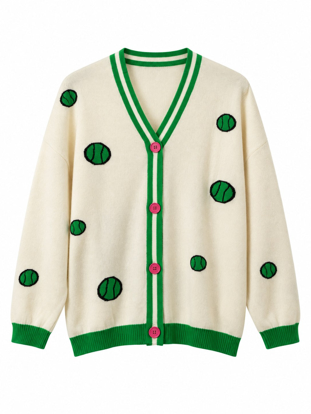 Cardigan Snoopy in Lana e Cachemire panna, dettagli verdi/rosa