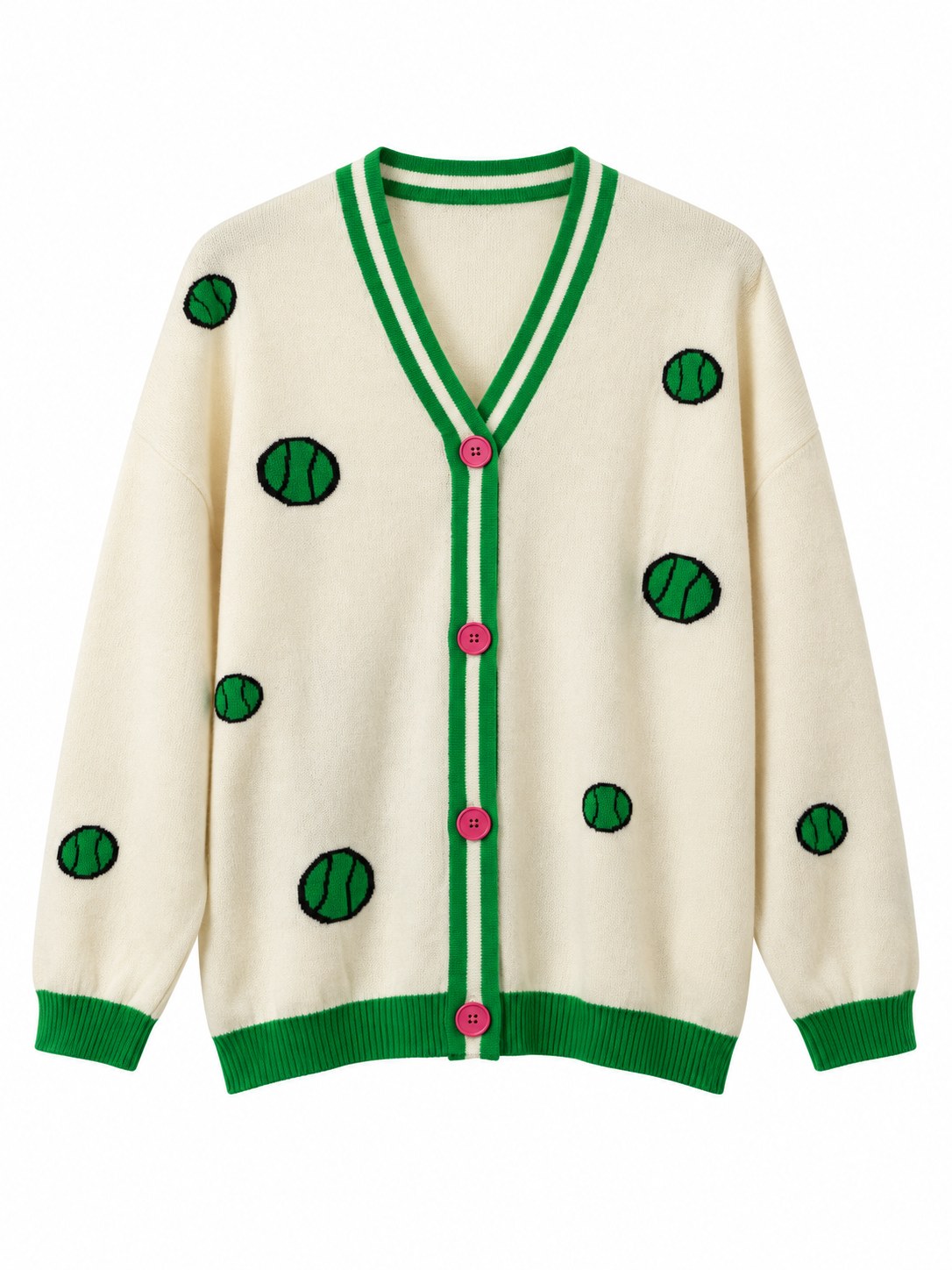 Cardigan Snoopy in Lana e Cachemire panna, dettagli verdi/rosa