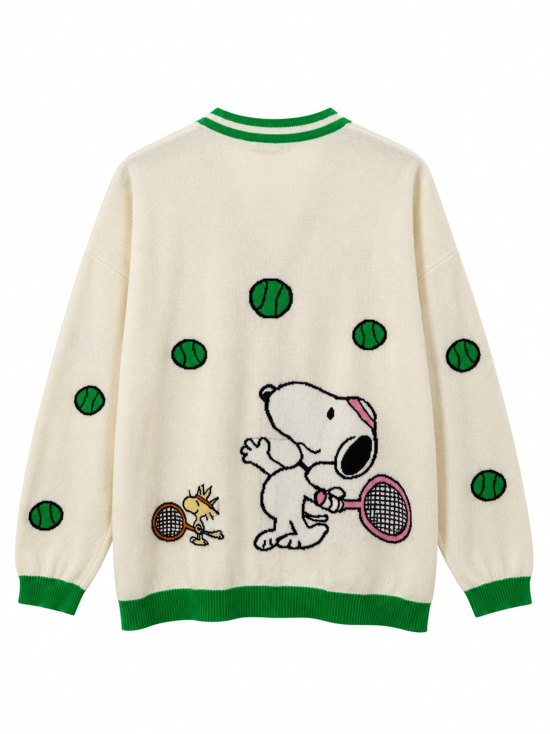 Cardigan Snoopy in Lana e Cachemire panna, dettagli verdi/rosa