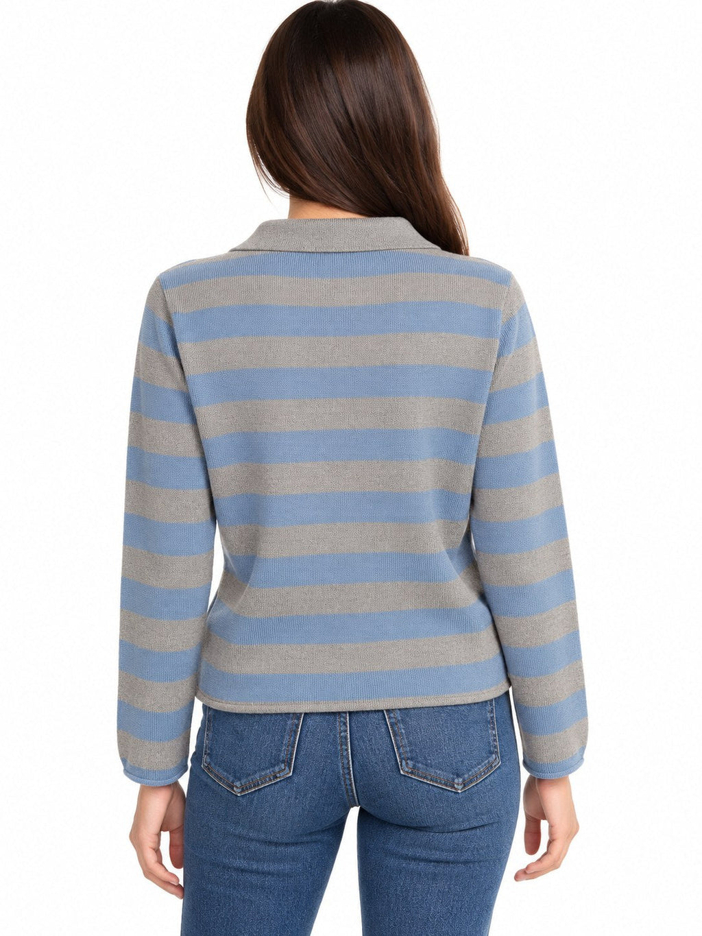 Giacca doppio petto a righe azzurro/grigio — indossato, retro