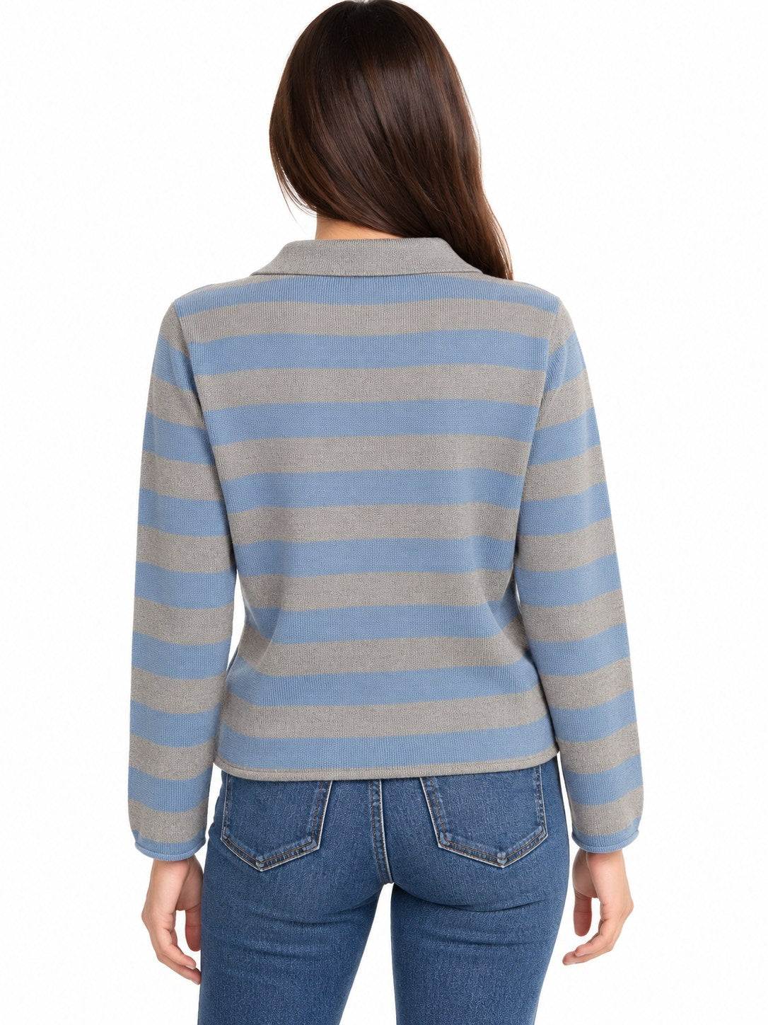 Giacca doppio petto a righe azzurro/grigio — indossato, retro