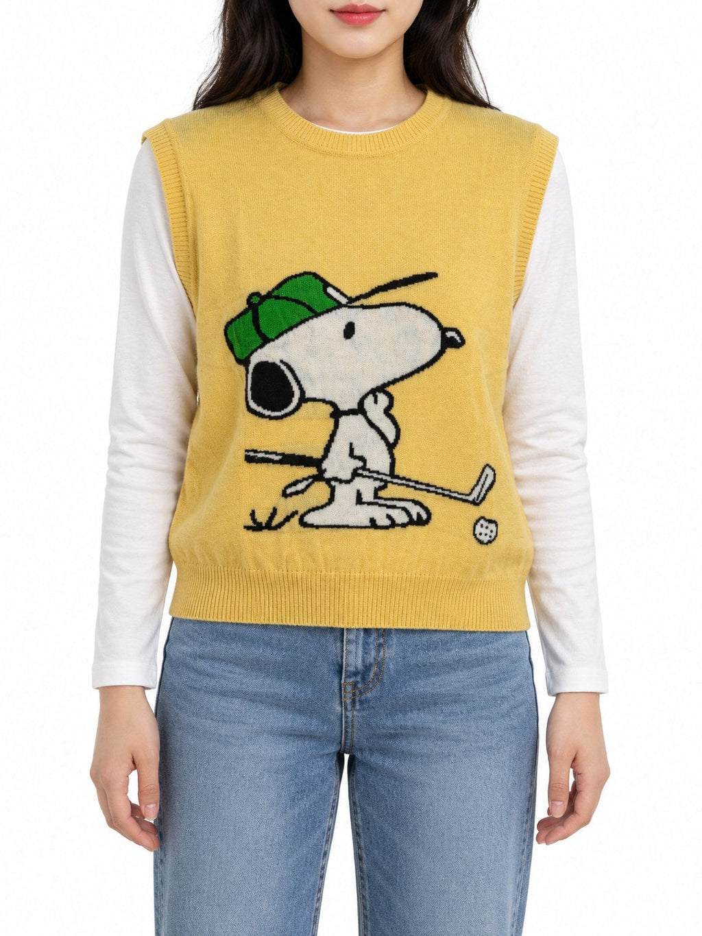 Gilet Snoopy Golf giallo — indossato, davanti