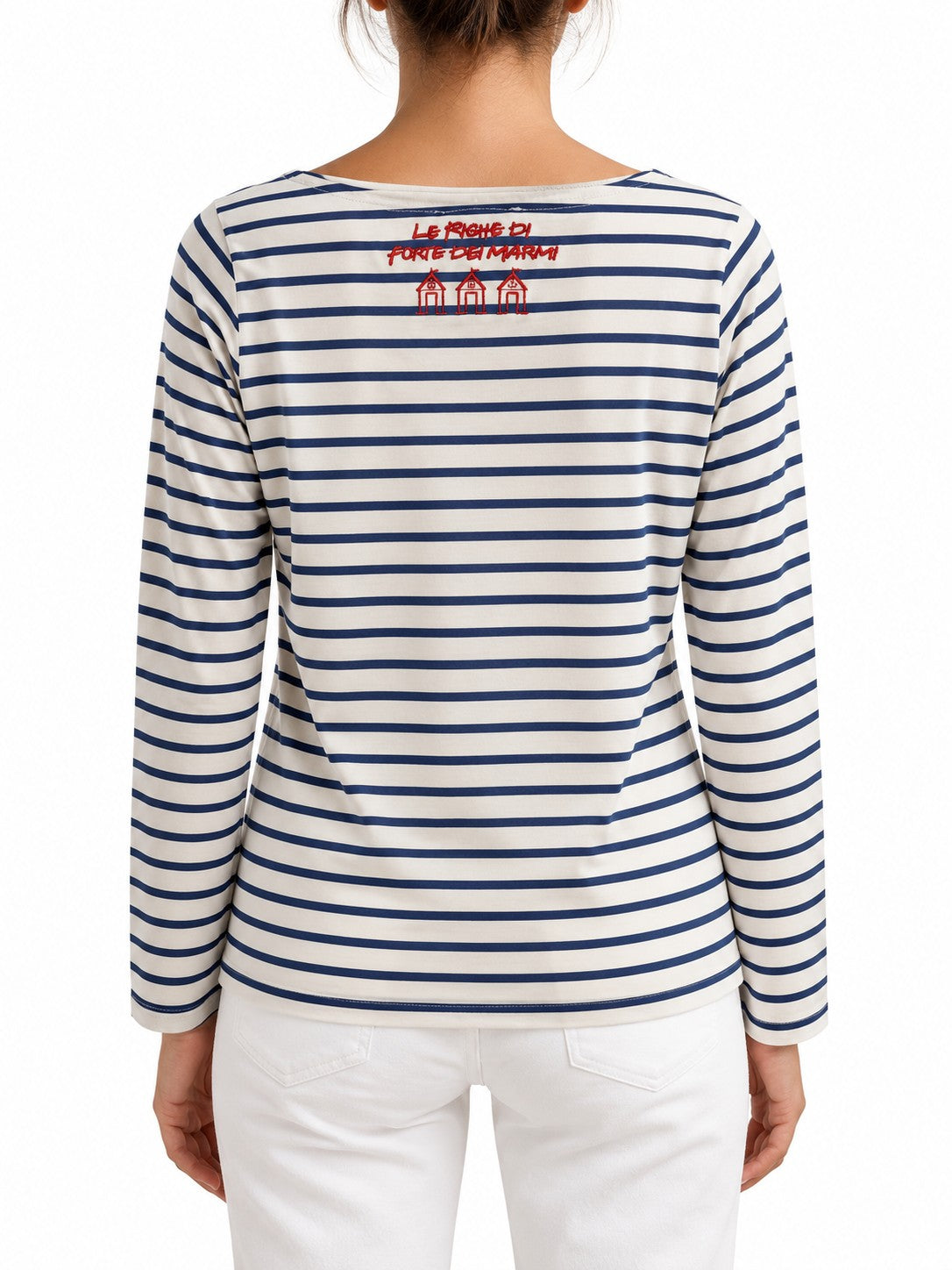 Maglia a righe con ricamo sul retro blu