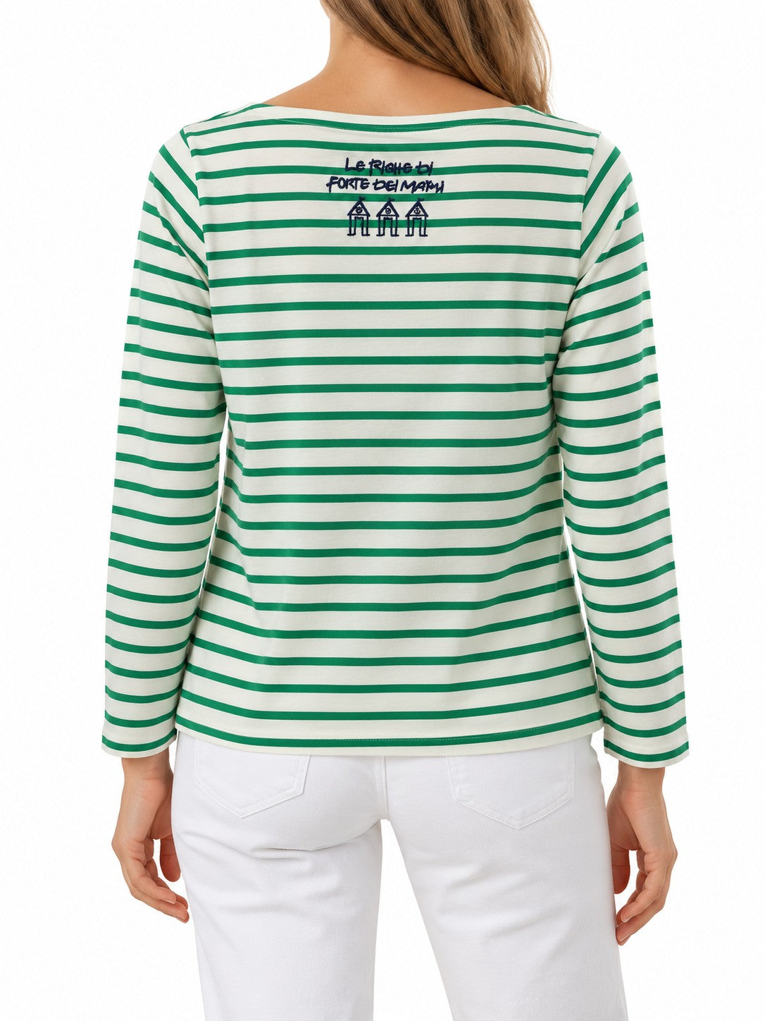 Maglia a righe con ricamo sul retro verde