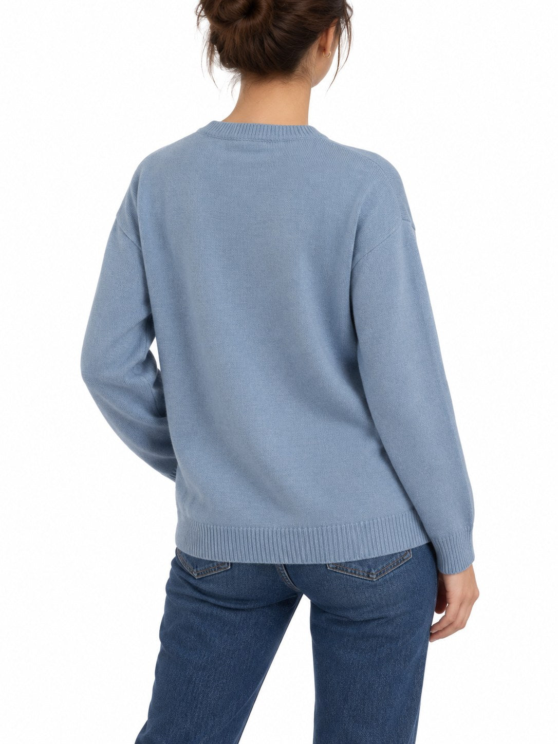 Maglione Snoopy Basket azzurro — indossato, retro