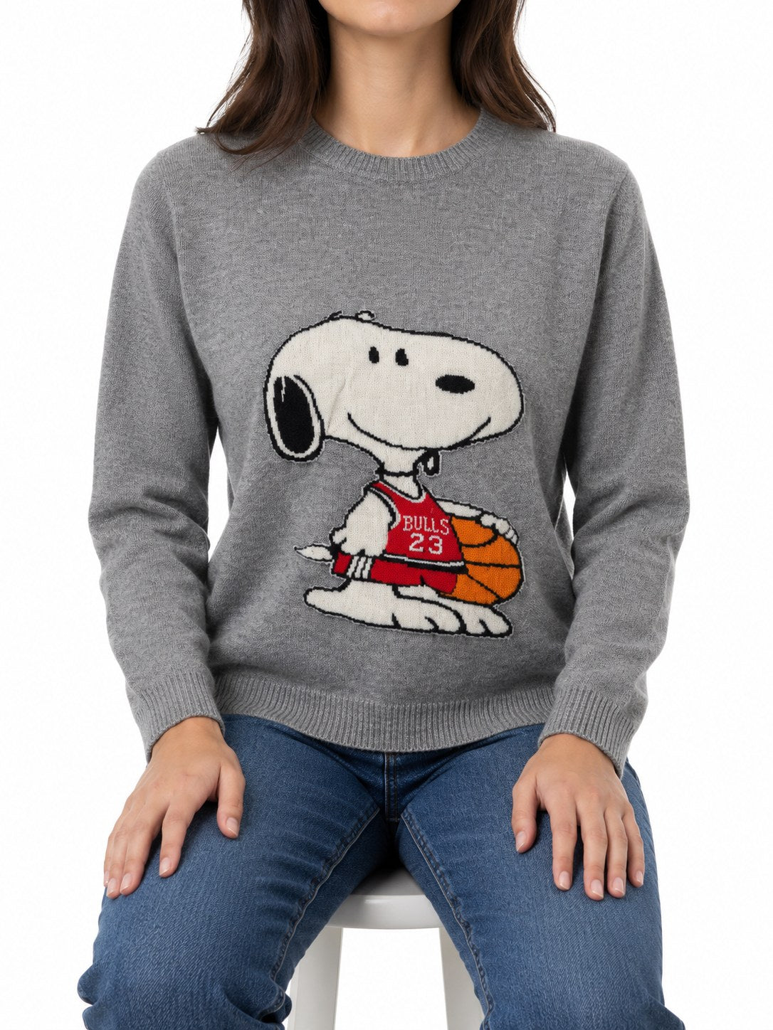 Maglione Snoopy Basket grigio — indossato, davanti