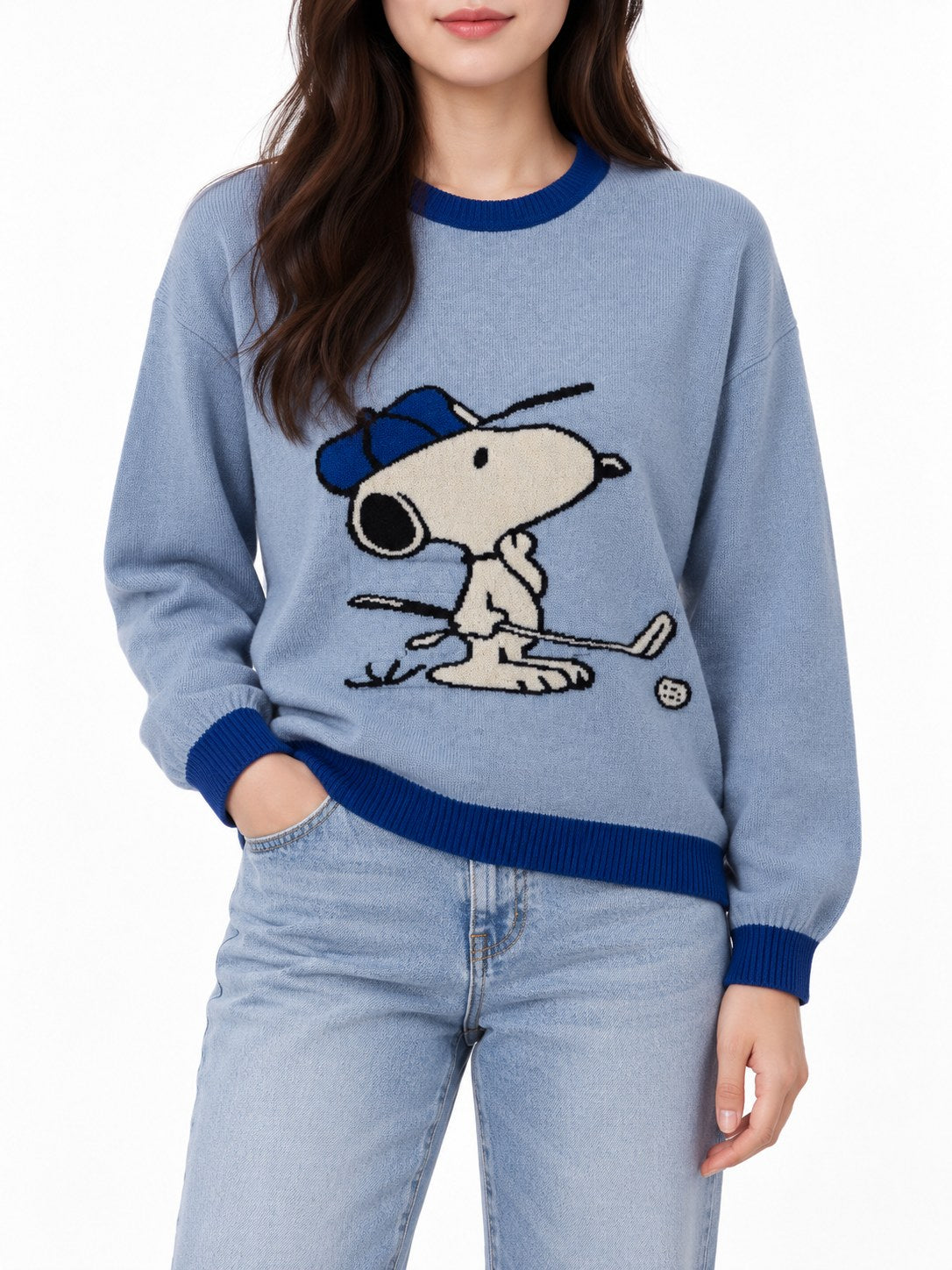 Maglione Snoopy Golf celeste/blu — indossato, davanti