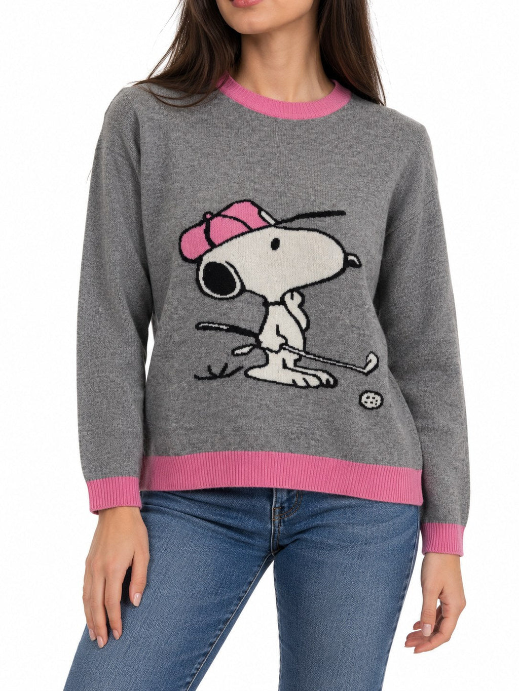 Maglione Snoopy Golf grigio/rosa — indossato, davanti