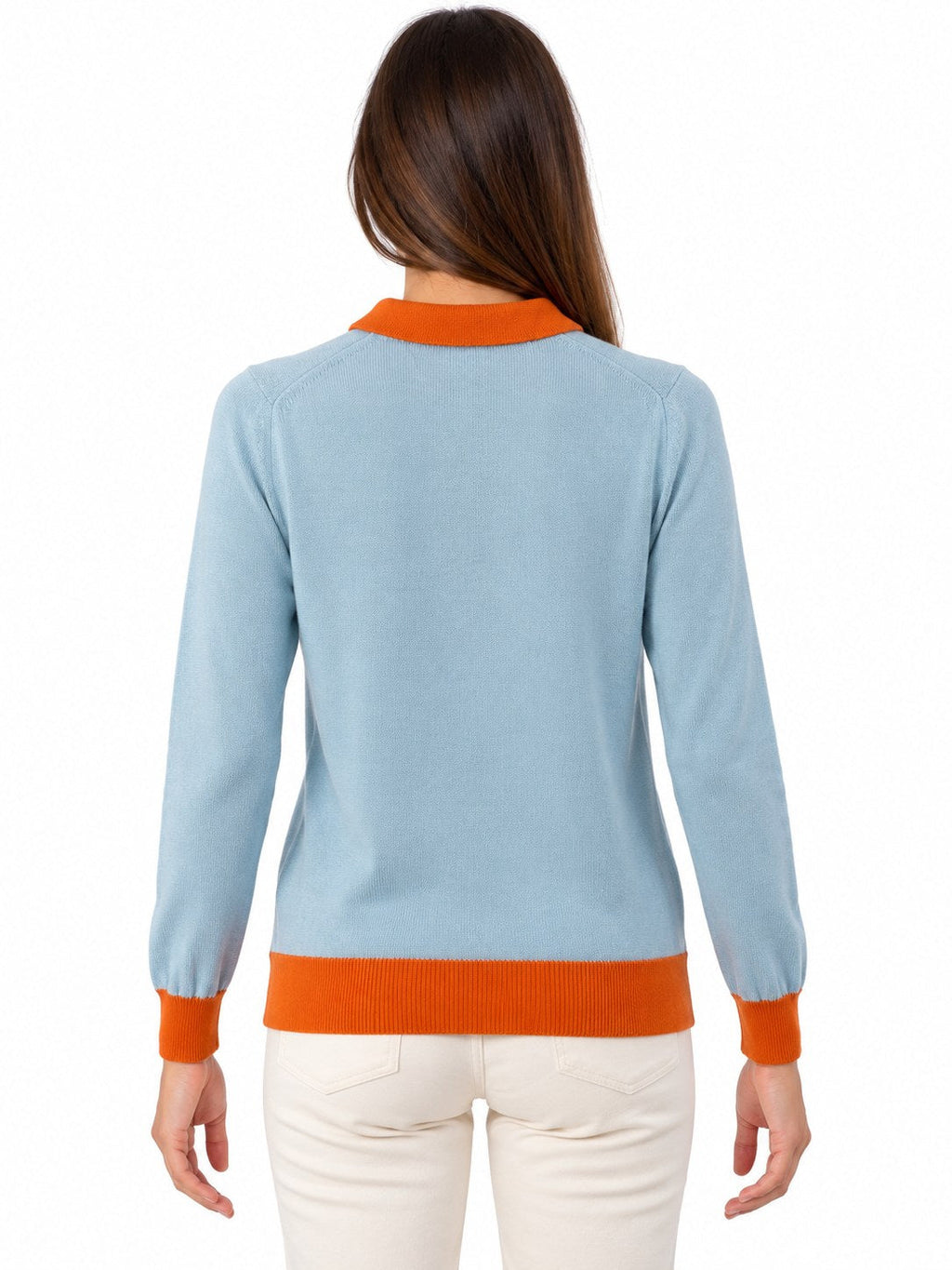 Polo in lana e cachemire azzurro/arancione — indossato, retro