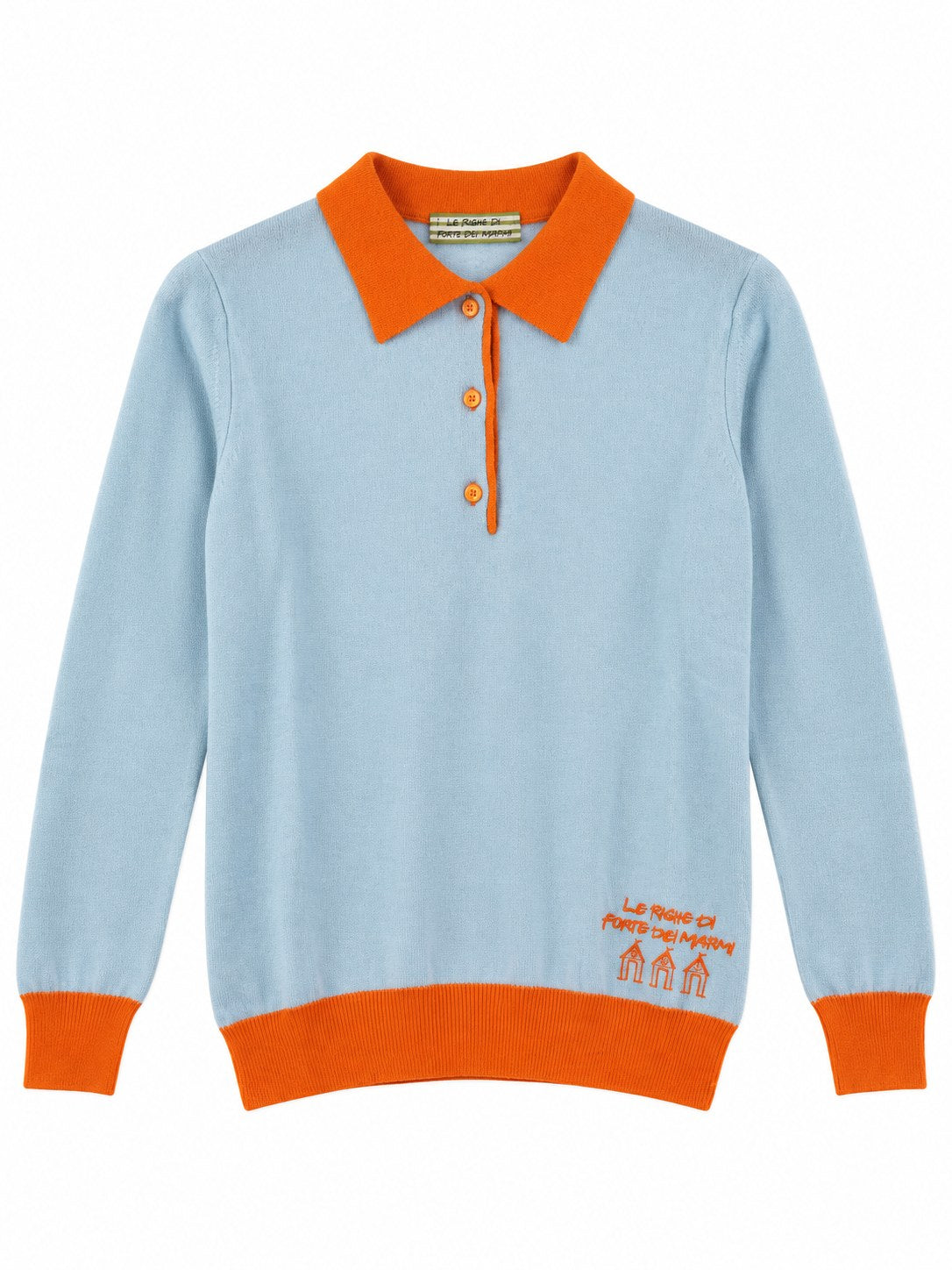 Polo in lana e cachemire azzurro/arancione — davanti
