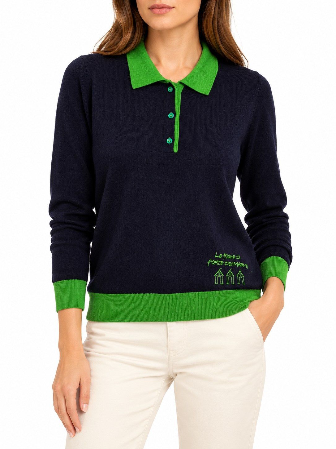 Polo in lana e cachemire blu/verde — indossato, davanti