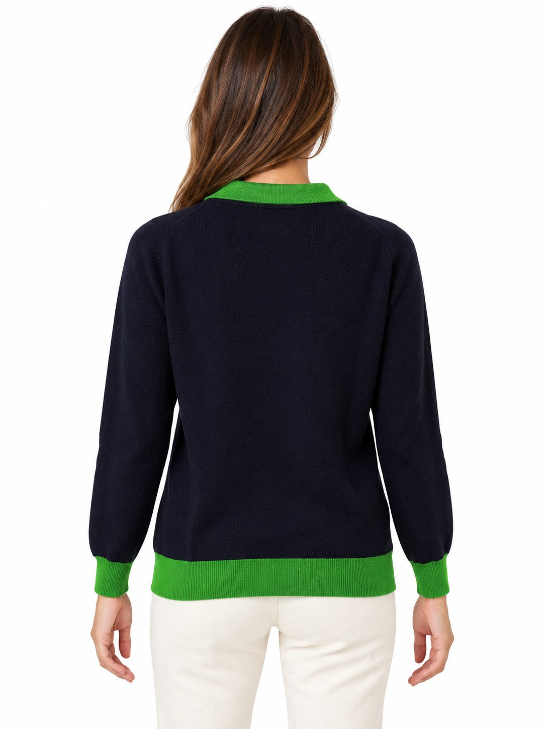 Polo in lana e cachemire blu/verde — indossato, retro