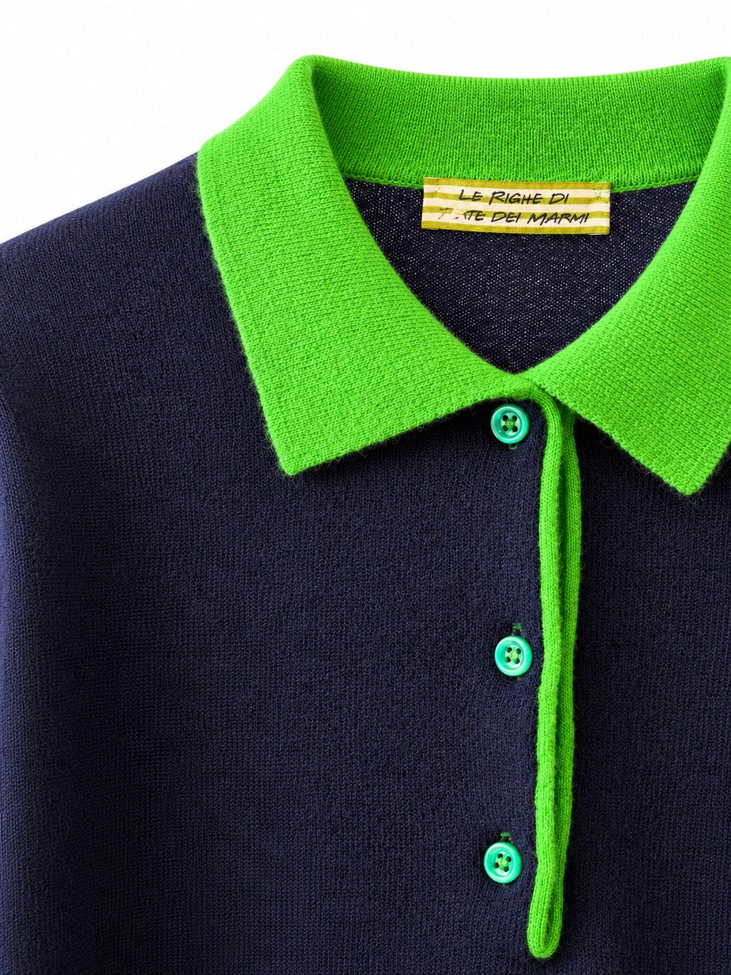 Polo in lana e cachemire blu/verde — dettaglio